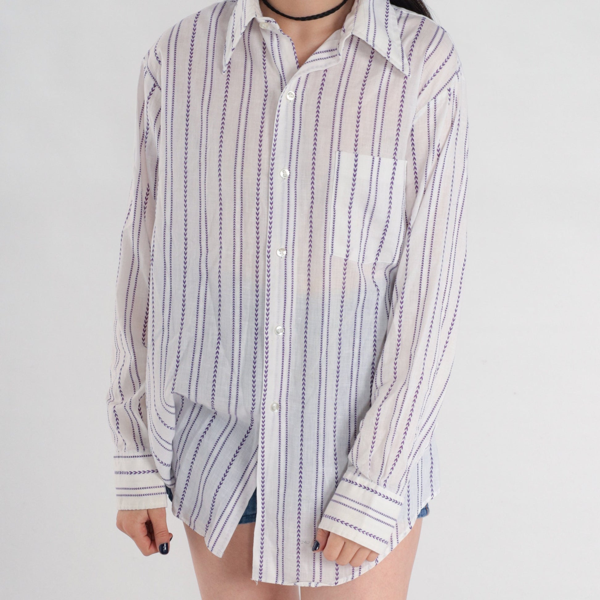 70s White Purple Chevron Striped Oxford Button-Up Shirt Cotton Mens Medium