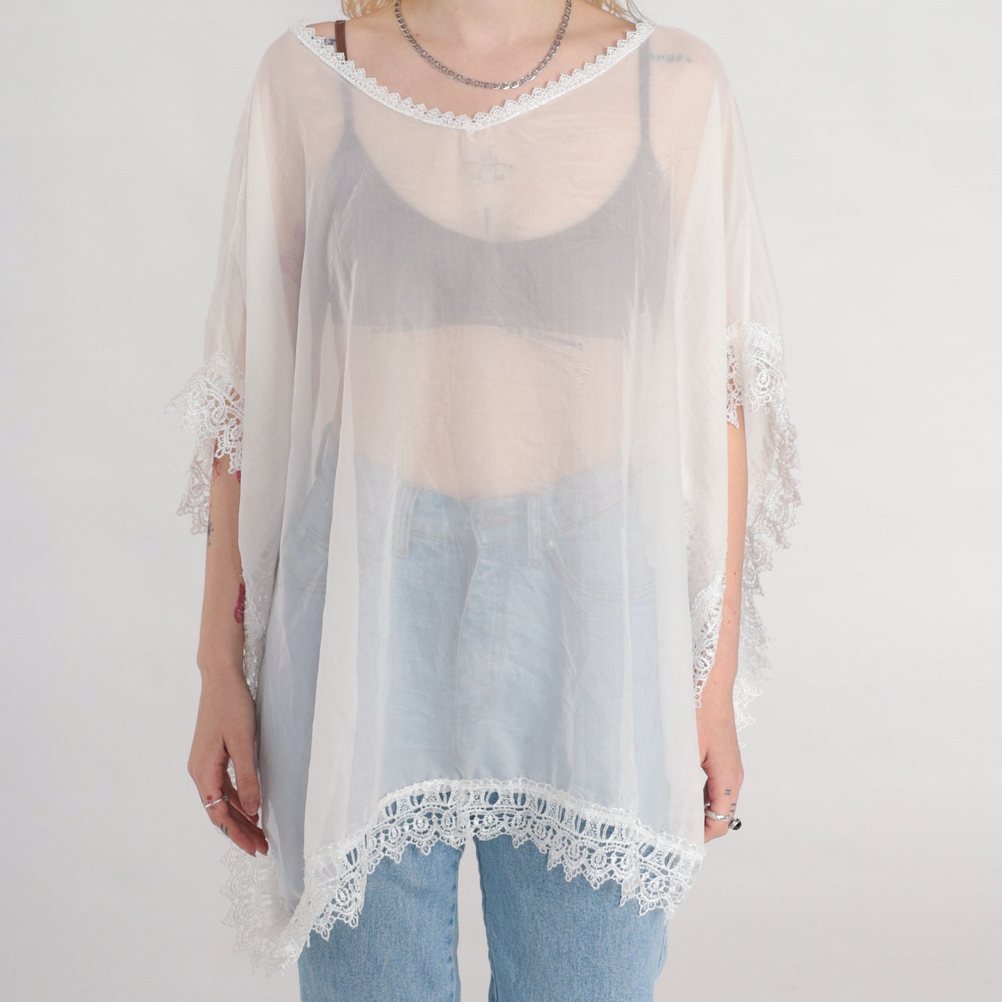 90s White Lace Poncho Top Sheer Crochet Cape Blouse One Size