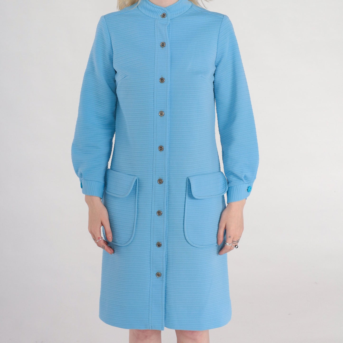 70s Mod Shift Dress Blue Ribbed Polyester Button Front Long Sleeve Small