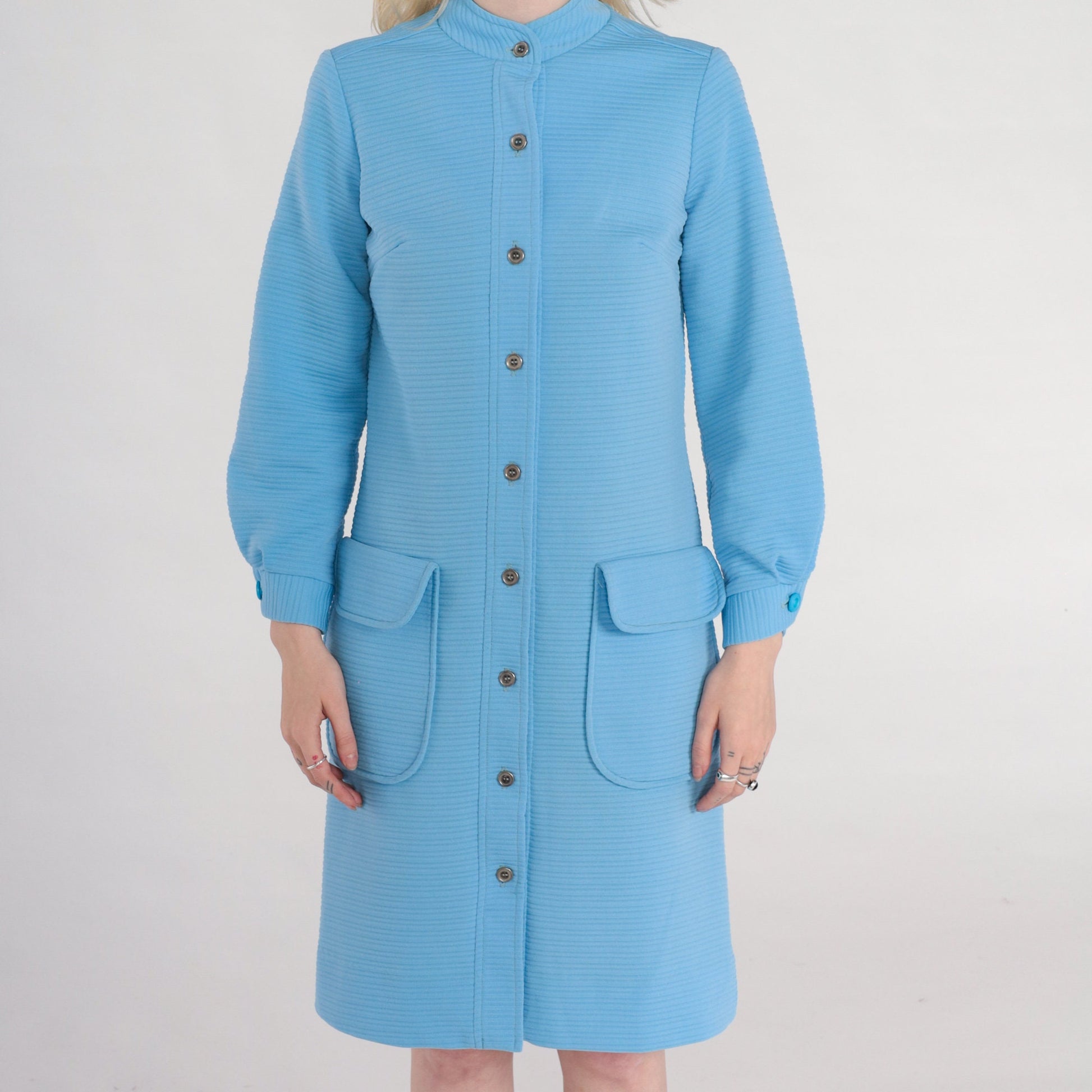 70s Mod Shift Dress Blue Ribbed Polyester Button Front Long Sleeve Small