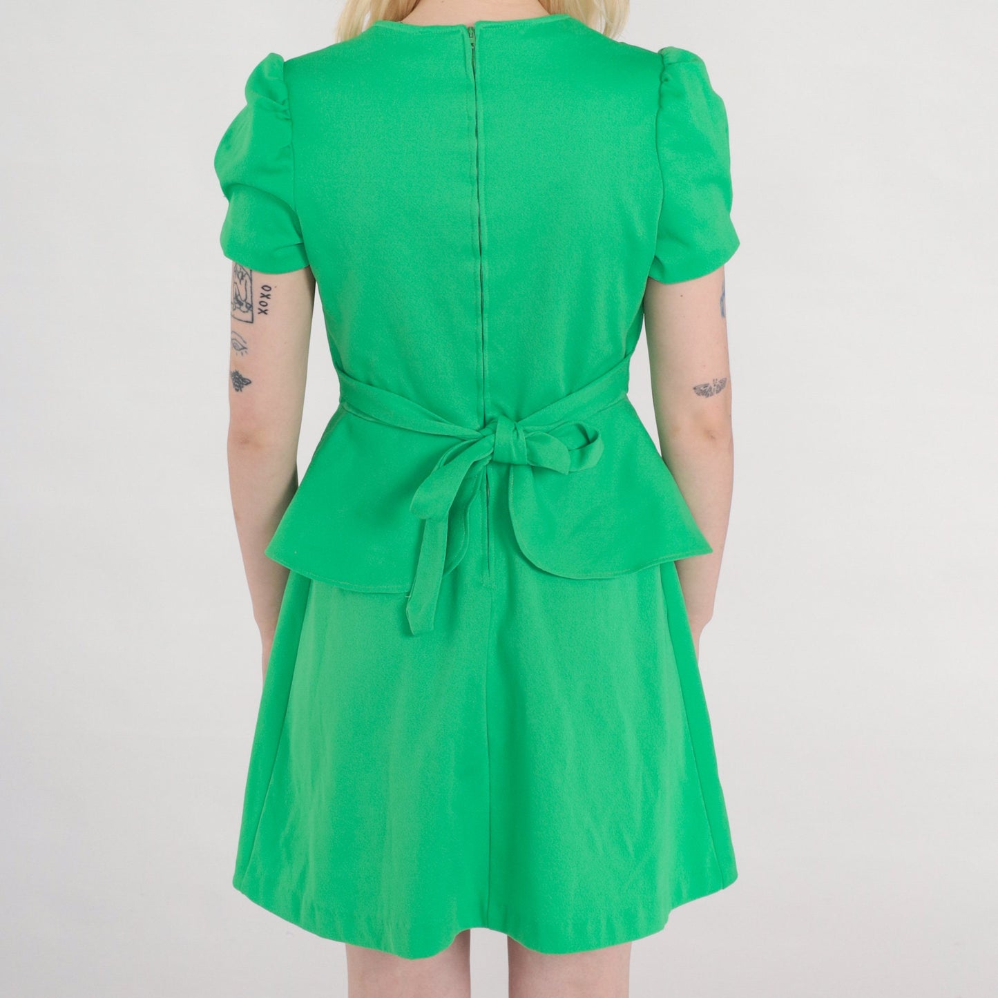 70s Spring Green Mini Dress Puff Sleeve V-Neck High Waist Peplum Small