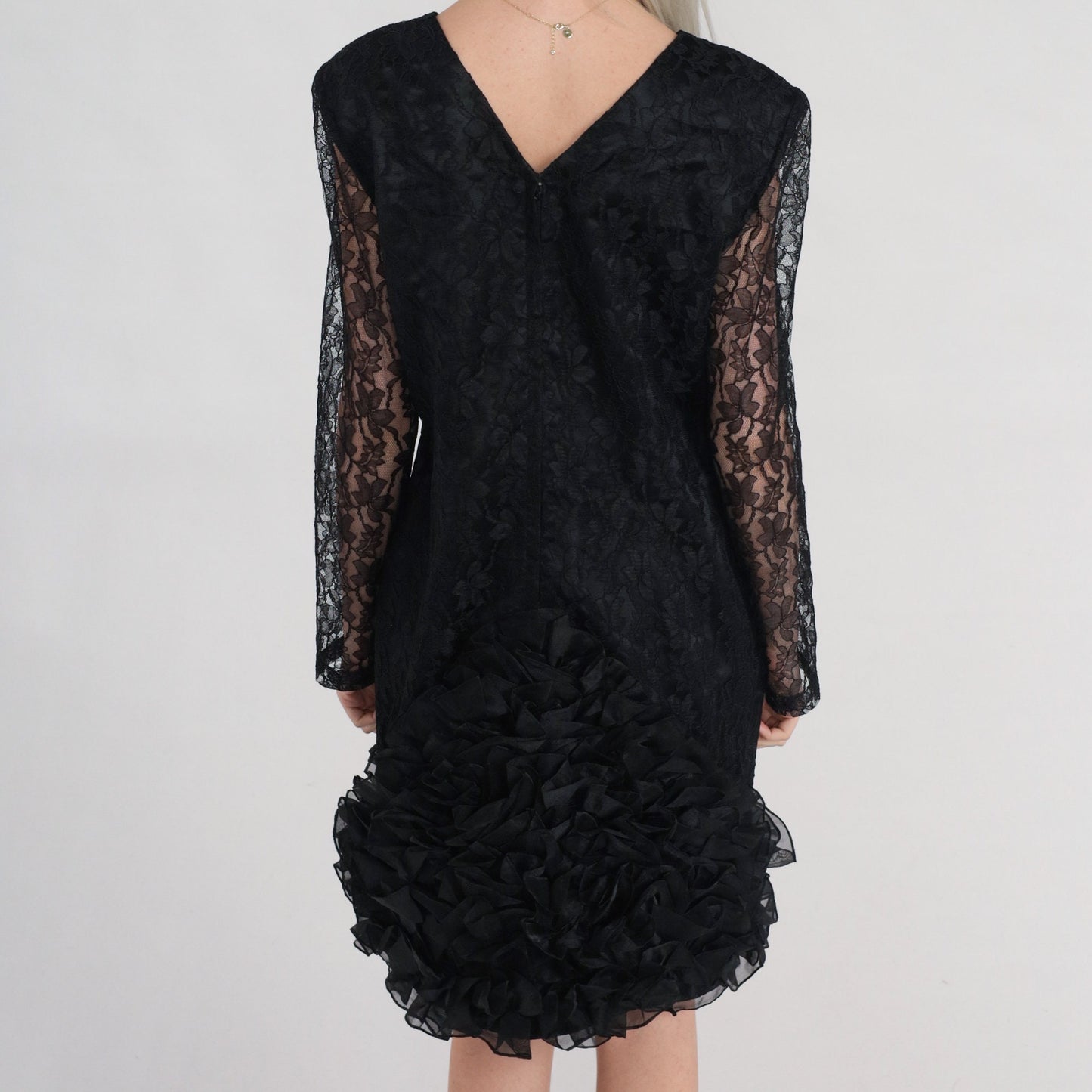 80s Black Lace Mini Dress V-Neck Ruffled Hem Long Sheer Sleeve Medium