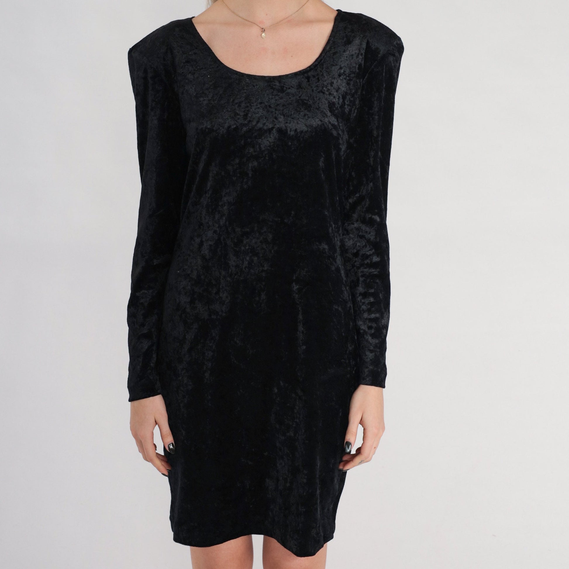 90s All That Jazz Black Velvet Mini Dress Long Sleeve Sheath Medium