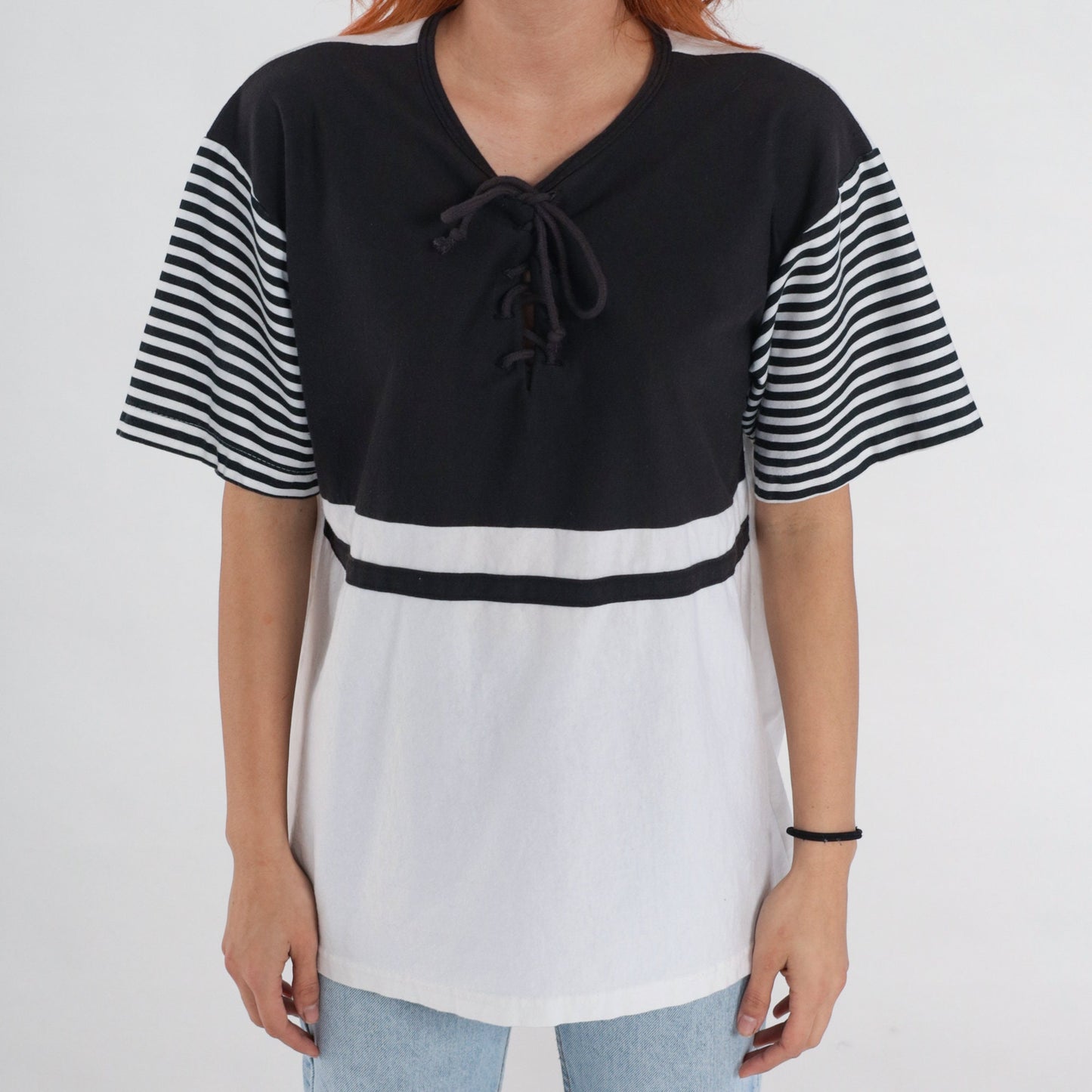 90s Black White Striped T-Shirt Lace-Up Corset Neckline Extra Large
