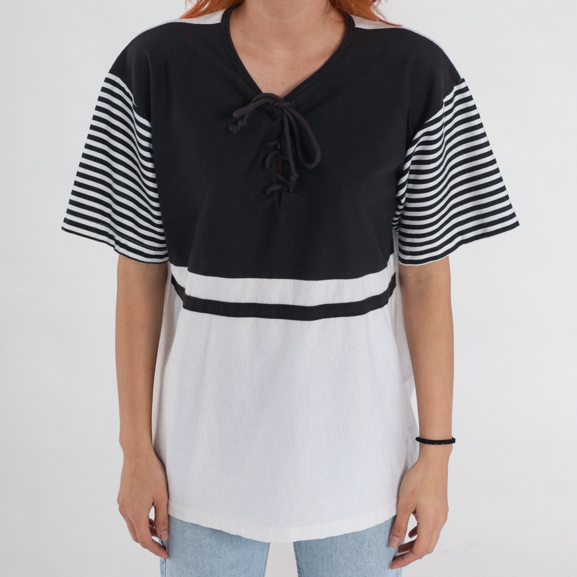 90s Black White Striped T-Shirt Lace-Up Corset Neckline Extra Large