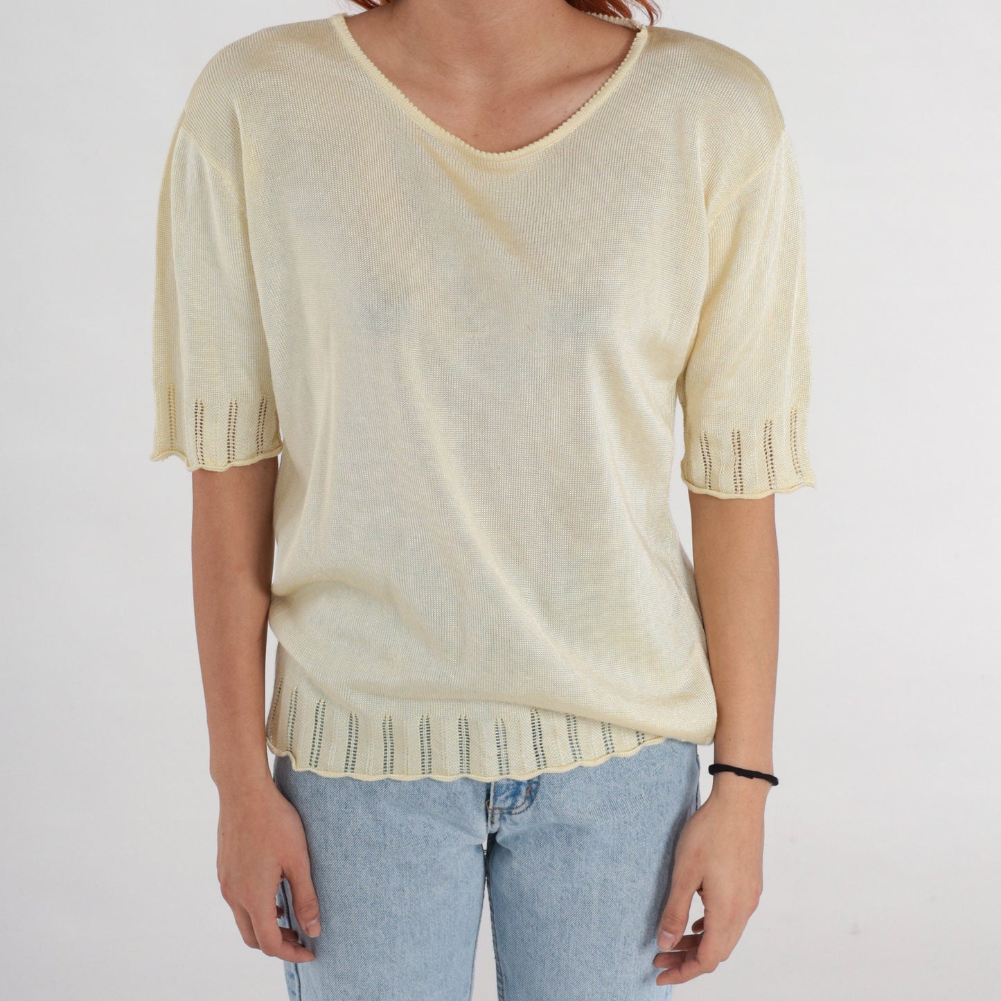 90s Pale Yellow Knit Cutout Blouse Short Sleeve Medium