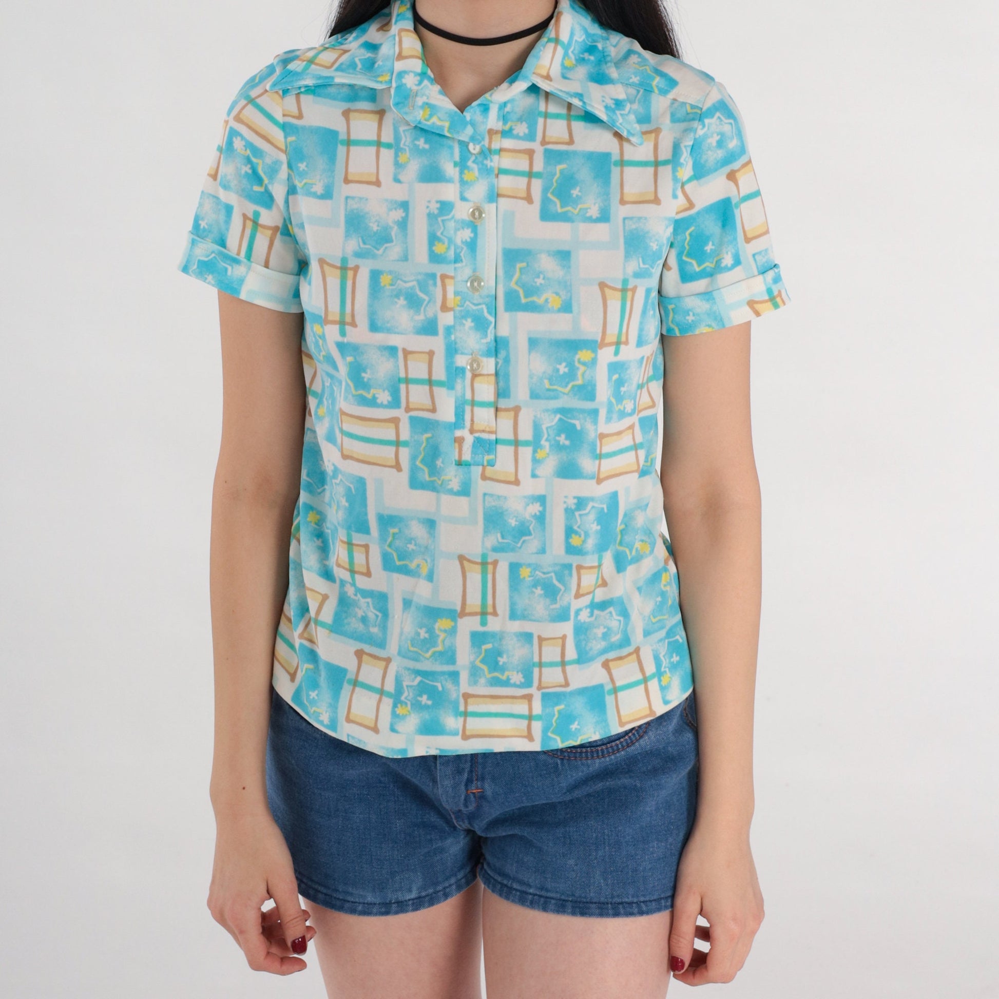 70s Checkered Abstract Print Shirt Pointed Collar White Blue Polo Small