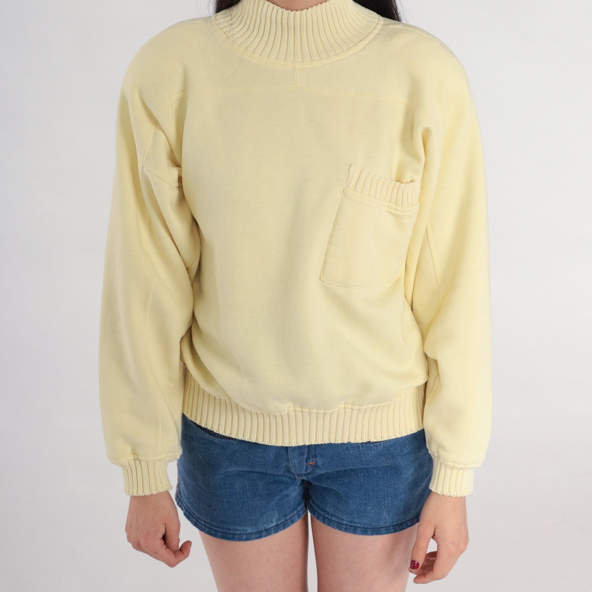 80s Pale Yellow Mockneck Sweatshirt Knit Trim Chest Pocket Medium
