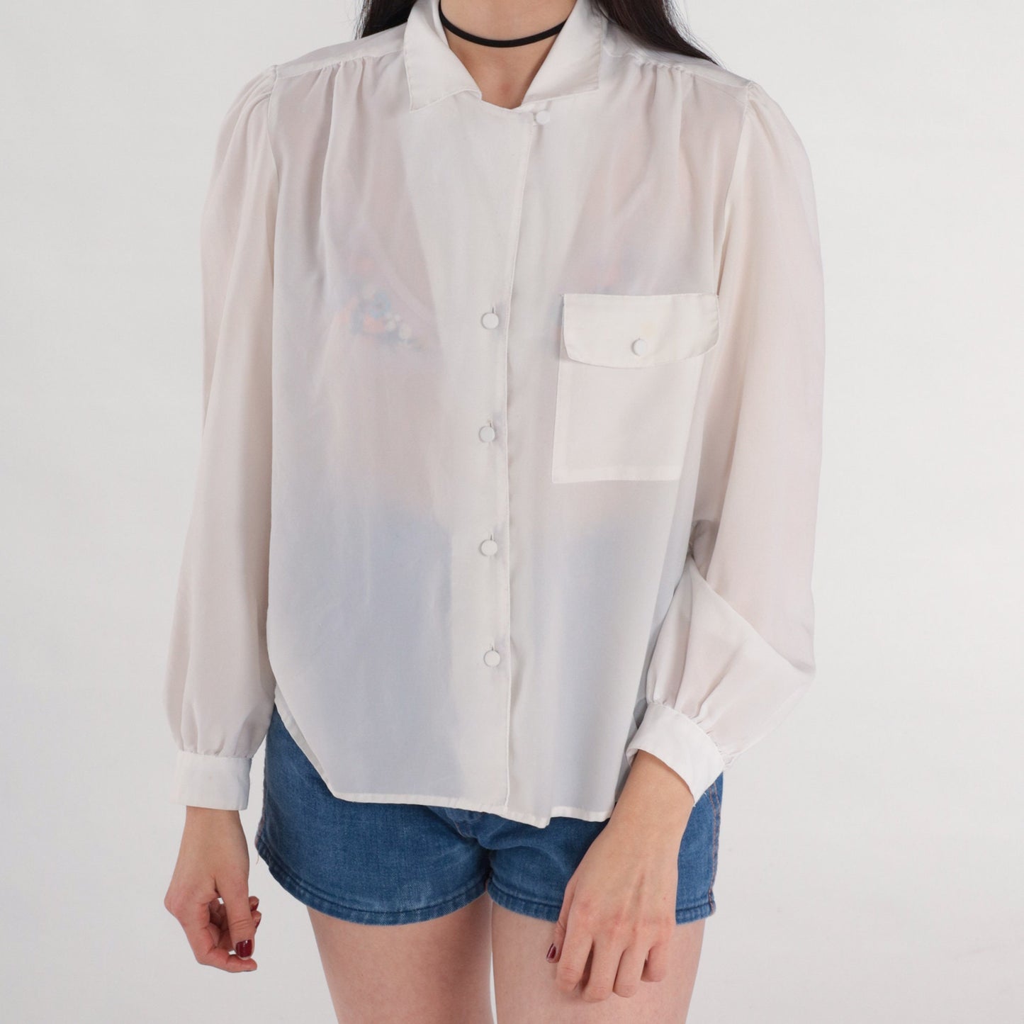 80s White Pleated Blouse Puff Sleeve Collared Button-Up Medium M
