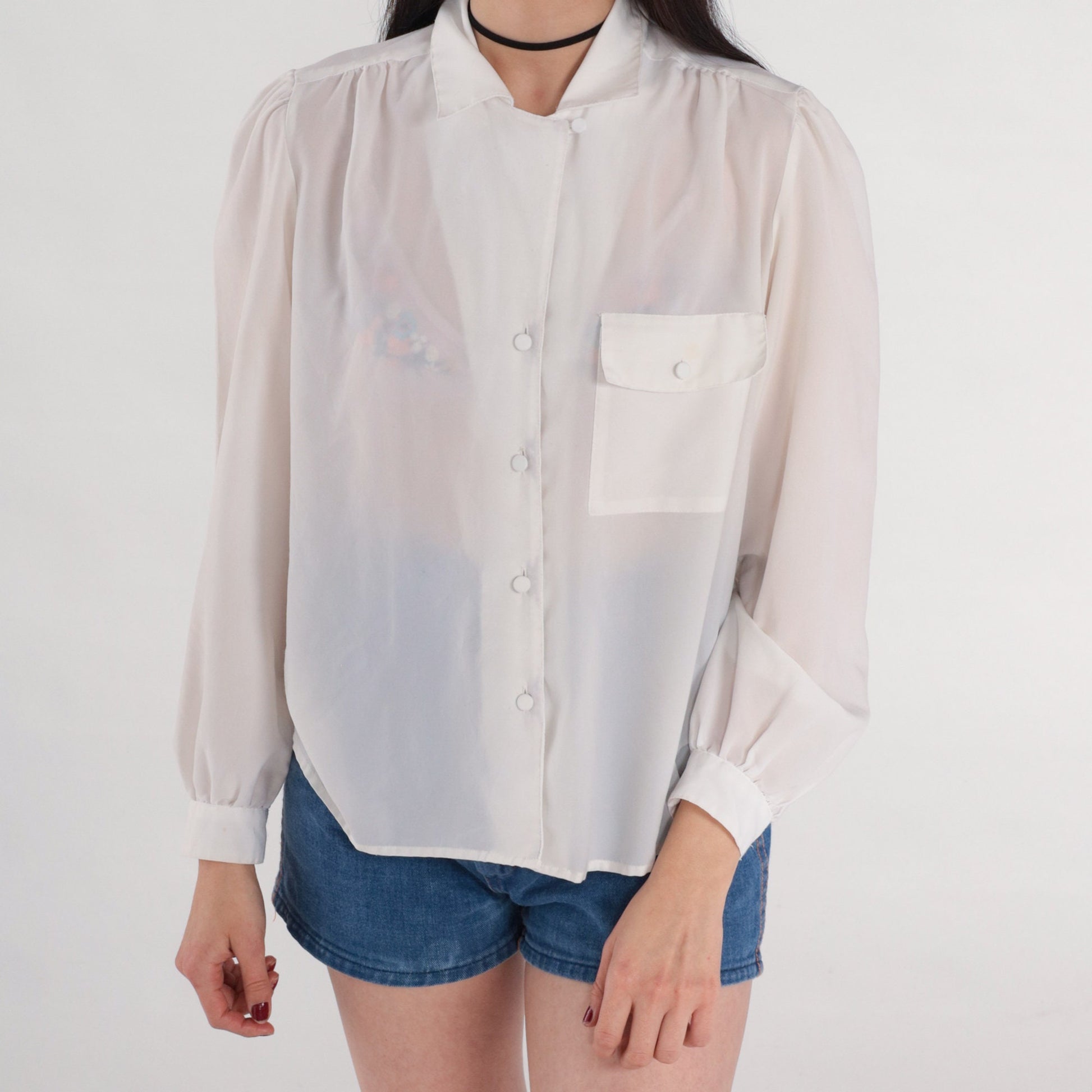 80s White Pleated Blouse Puff Sleeve Collared Button-Up Medium M