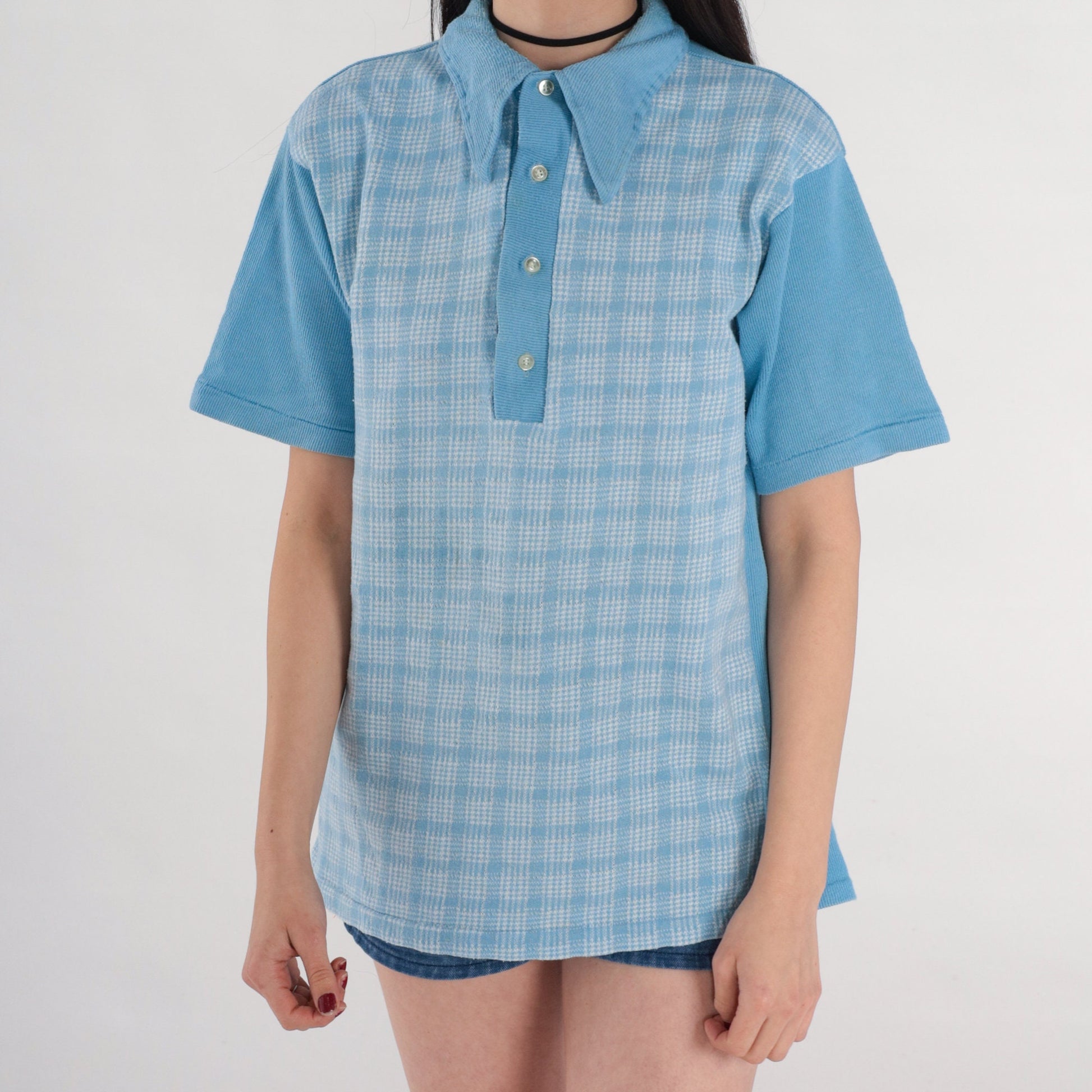 70s Blue Checkered Polo Shirt Collared Short Sleeve Button Up Medium
