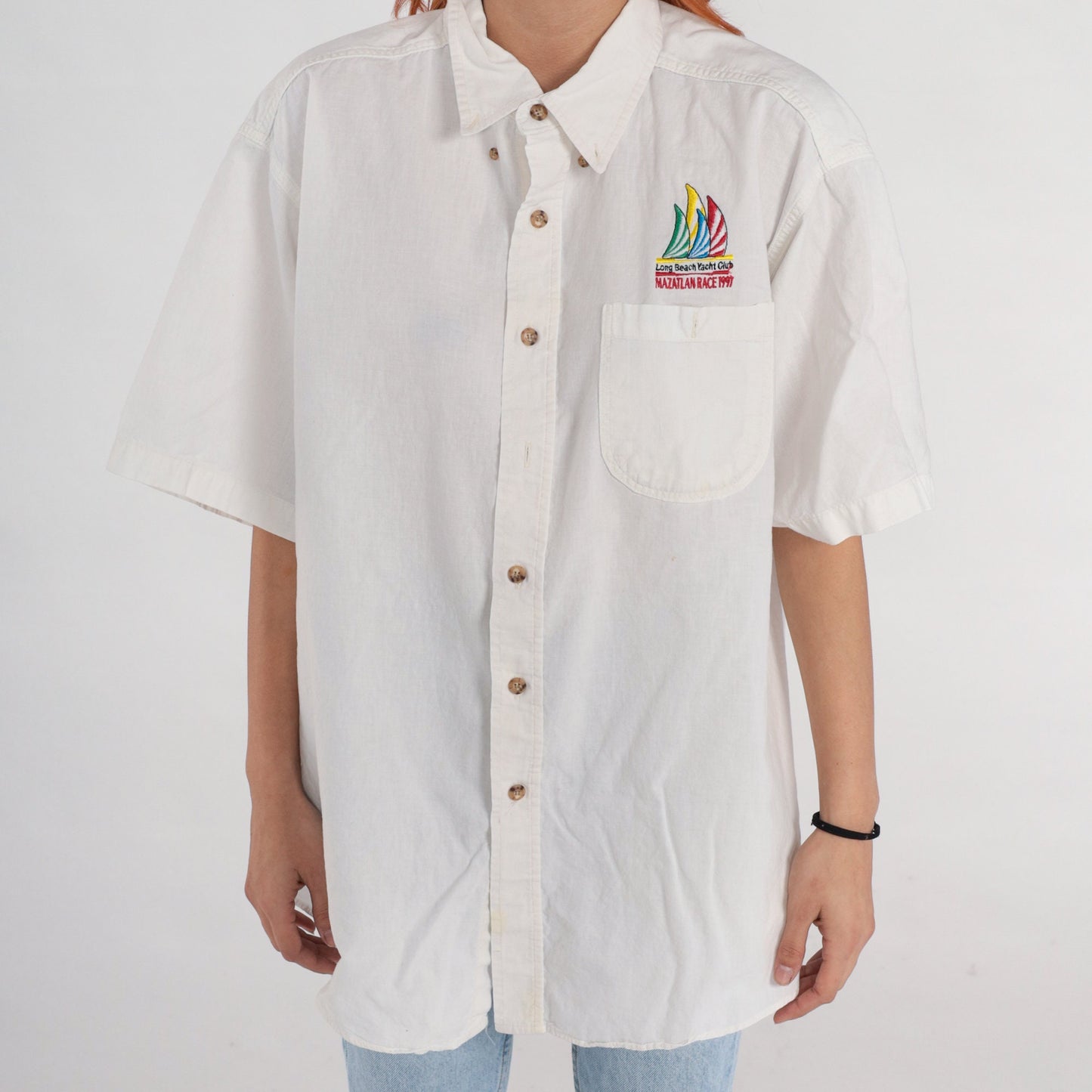 90s Long Beach Yacht Club Mazatlan Race 1997 Sailboat Button-Up Shirt White Extra Large