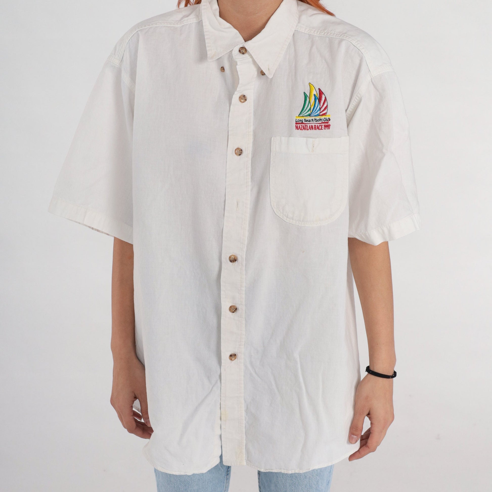 90s Long Beach Yacht Club Mazatlan Race 1997 Sailboat Button-Up Shirt White Extra Large