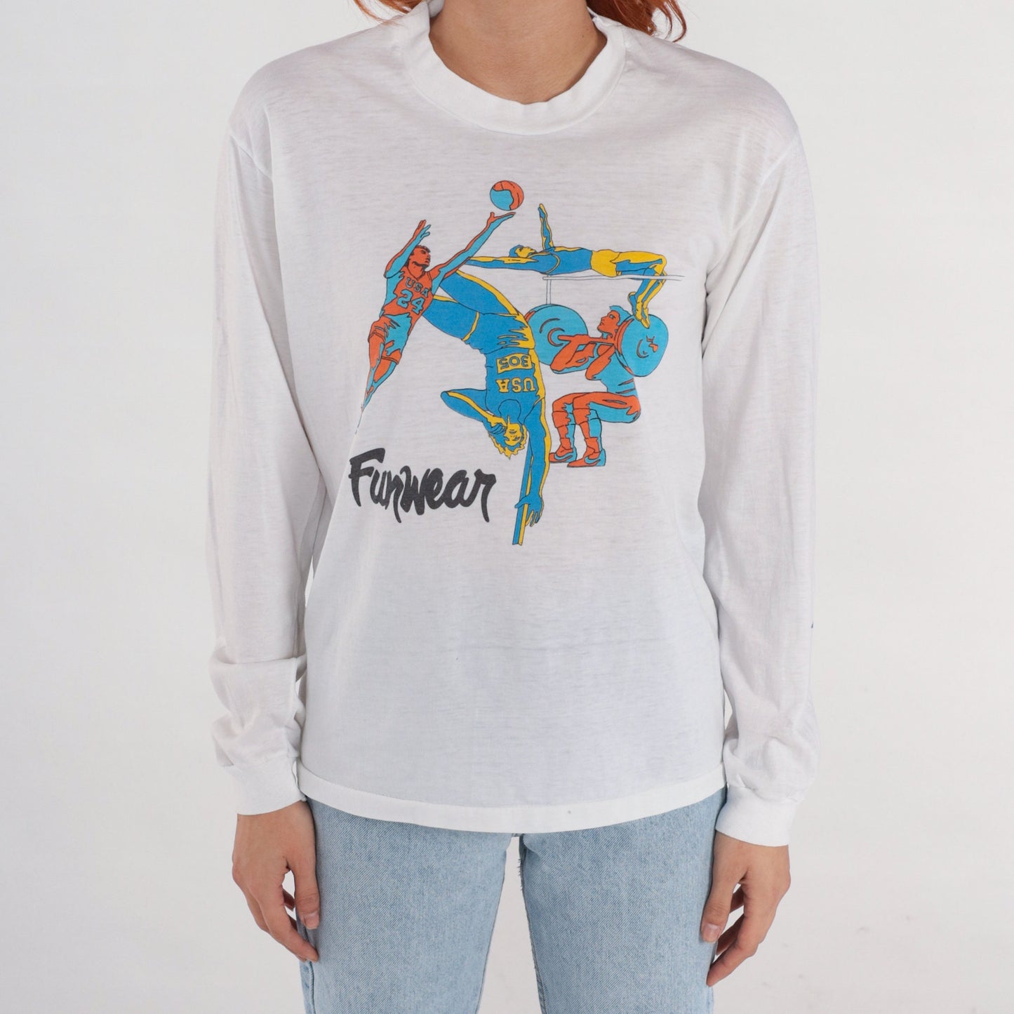 90s Funwear Sports Graphic Long Sleeve T-Shirt White Medium