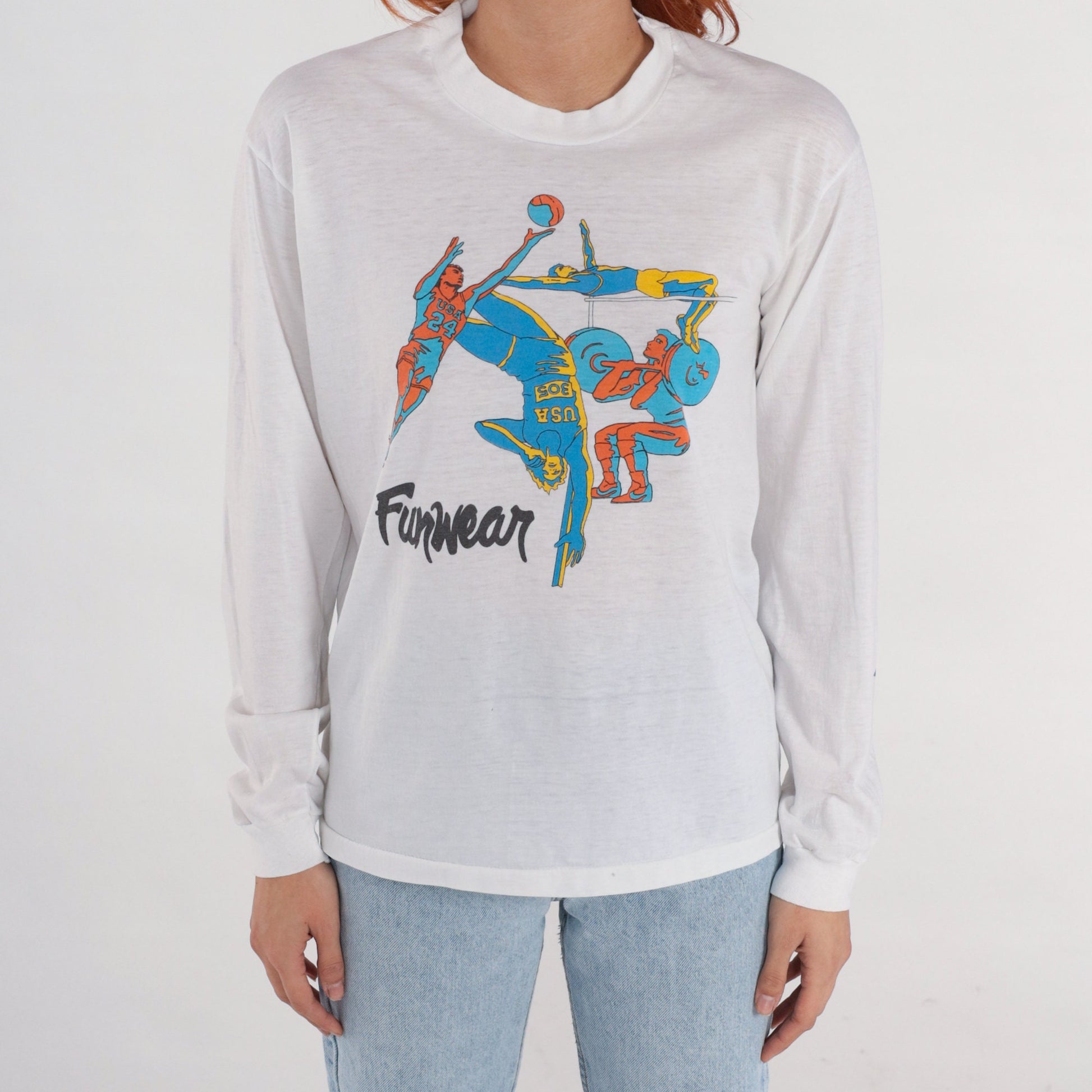 90s Funwear Sports Graphic Long Sleeve T-Shirt White Medium