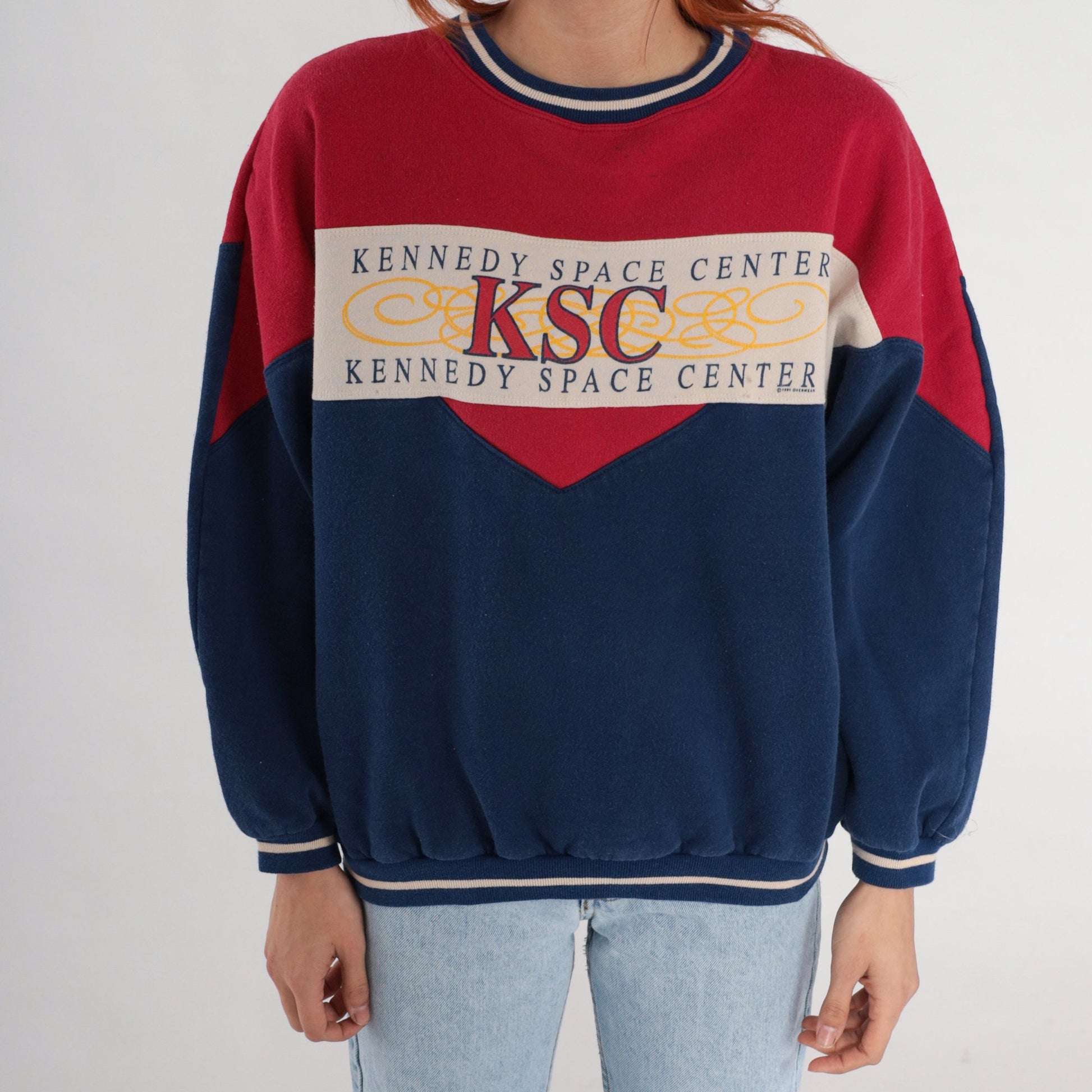 90s Kennedy Space Center Astronaut Graphic Sweatshirt Navy Blue Red Large