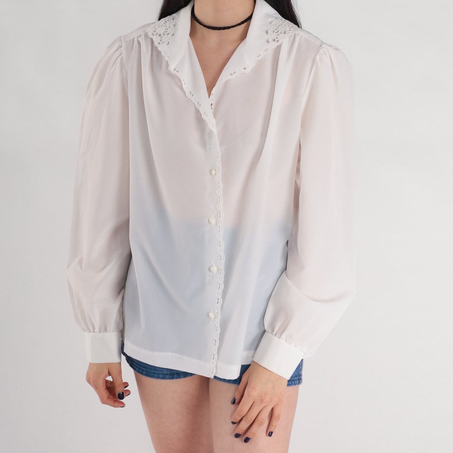80s White Eyelet Button-Up Blouse Puff Sleeve Lace Trim Large L