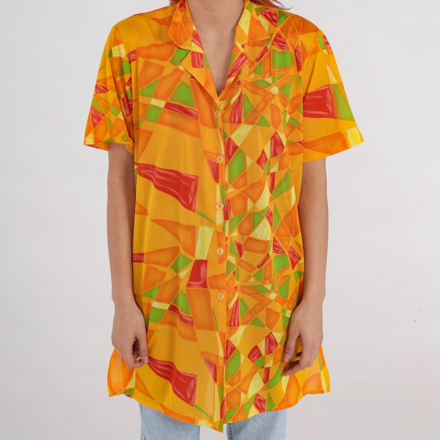 90s Yellow Geometric Mosaic Button Up Shirt Short Sleeve Blouse Extra Large
