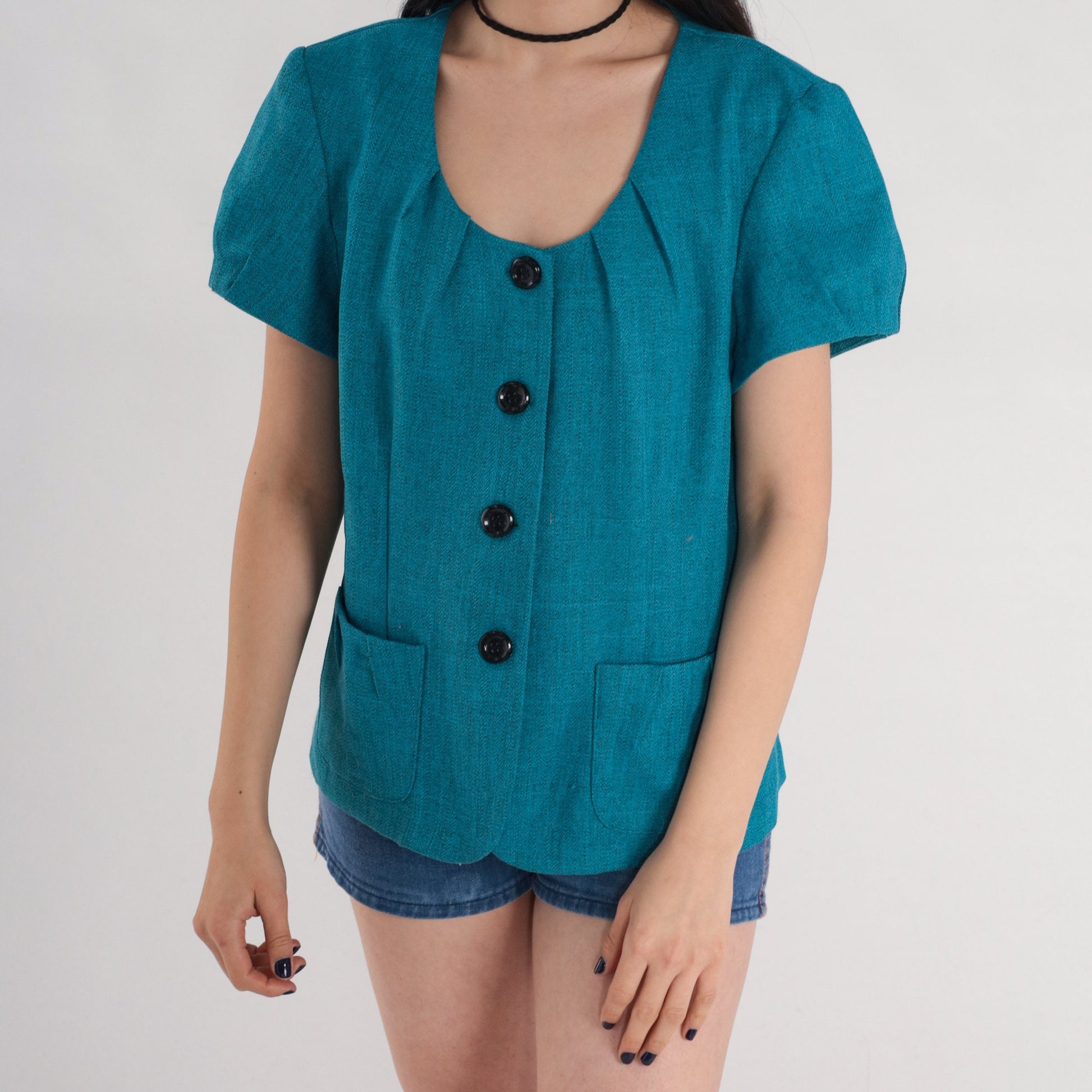 90s Blue Puff Sleeve Button-Up Blouse Secretary Top Medium