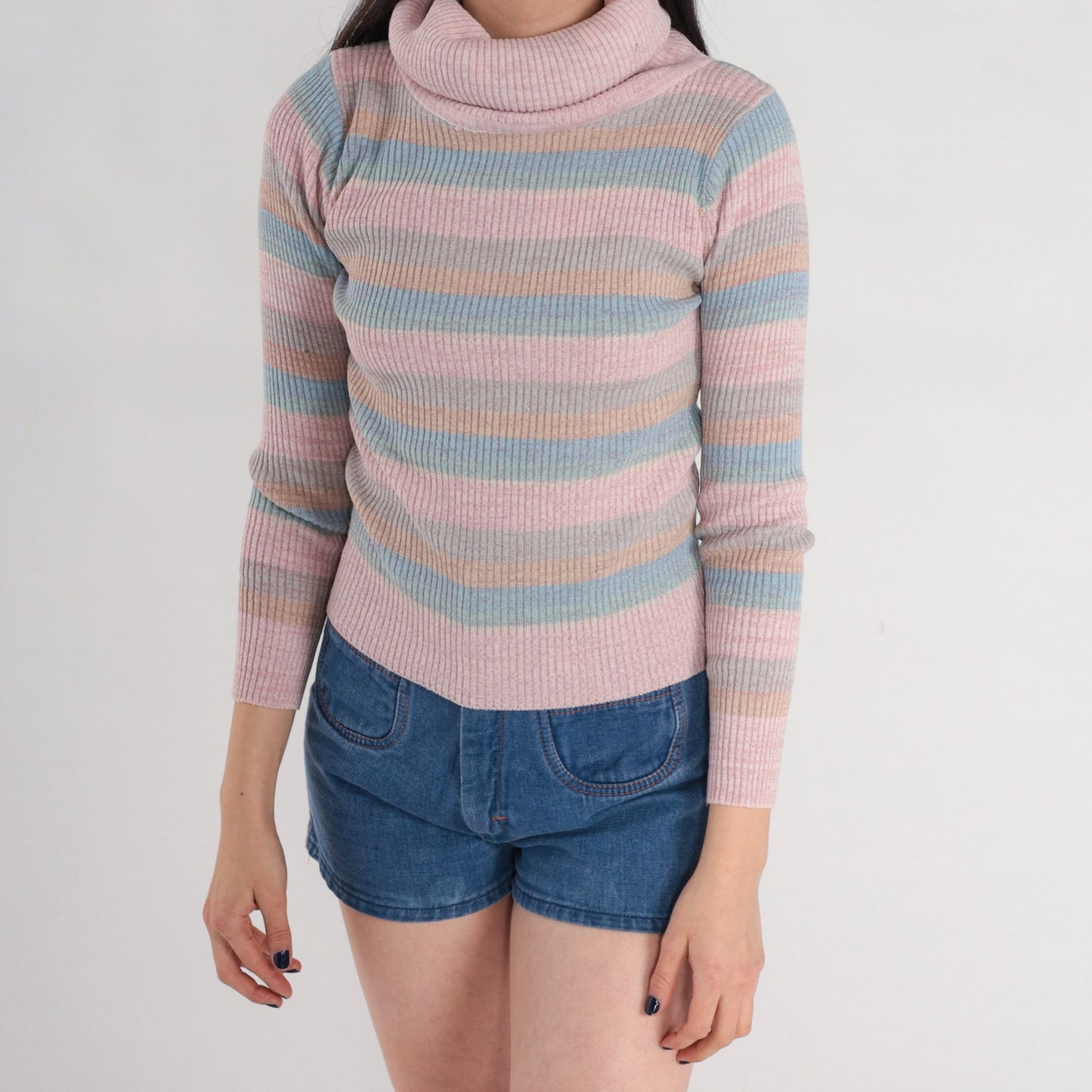 80s Sparkly Striped Ribbed Knit Turtleneck Sweater Pastel Pink Blue Orange Small