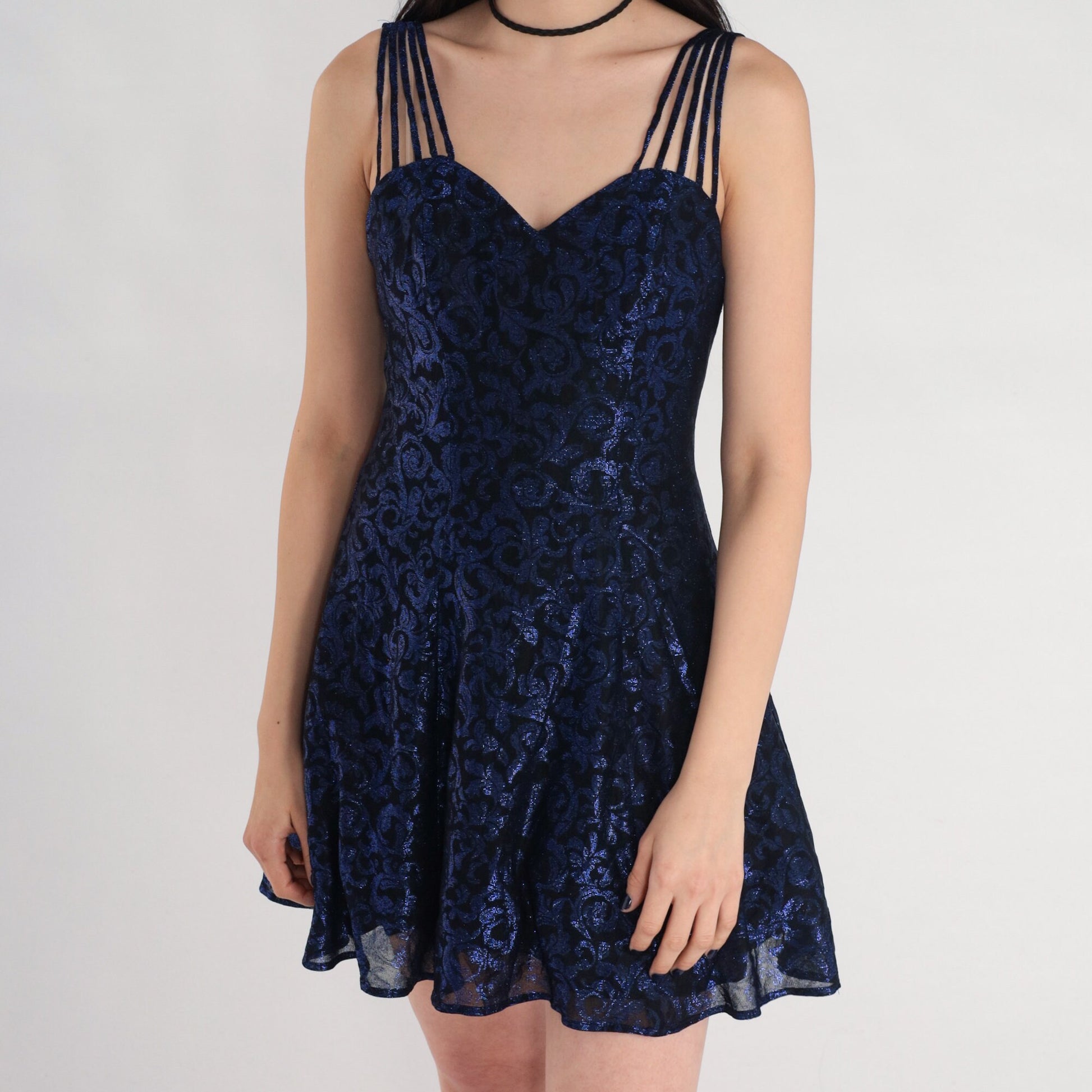 80s Black Metallic Blue Swirl Mini Dress Sweetheart Neckline XS