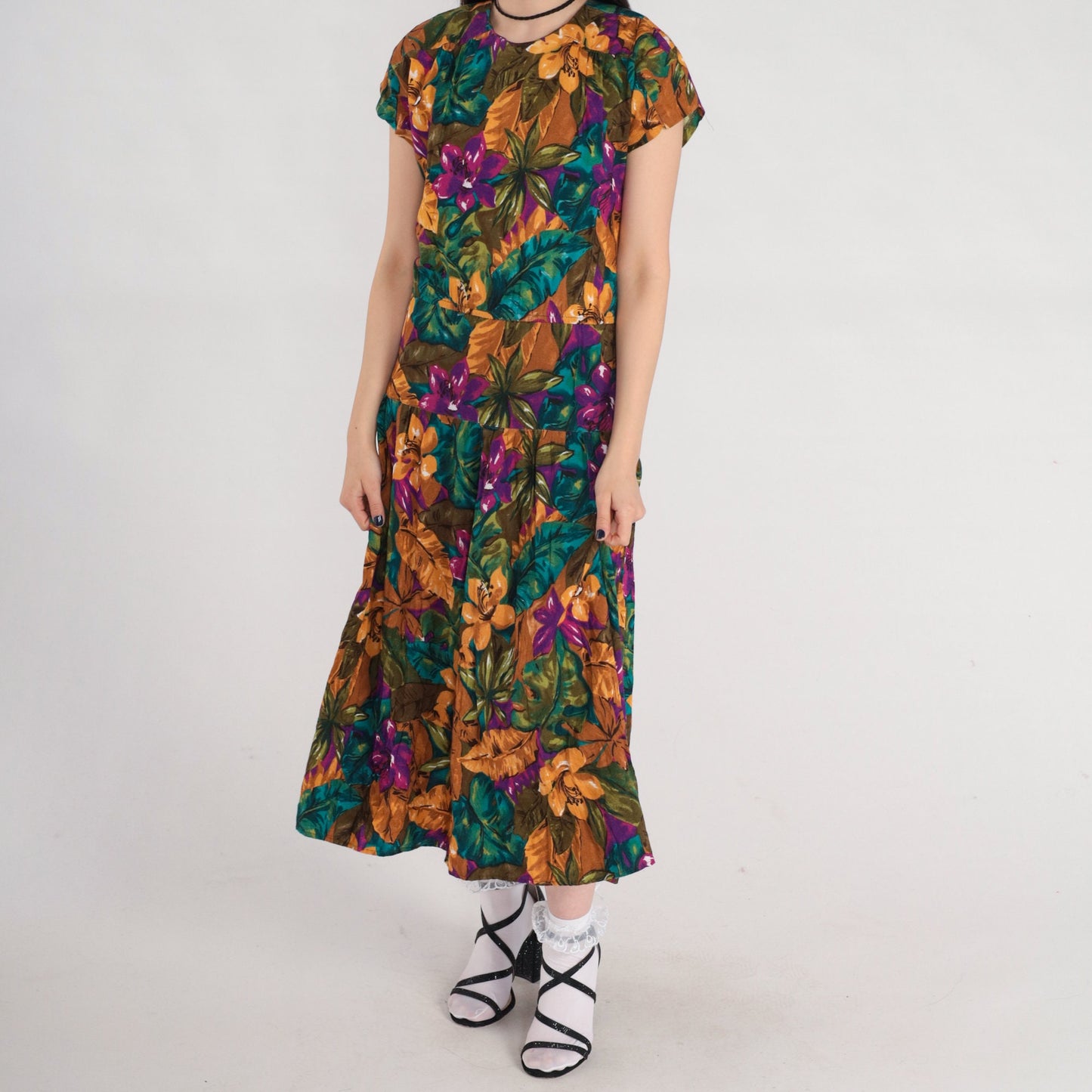 90s Tropical Floral Midi Dress Keyhole Back Short Sleeve Purple Green Yellow Medium 8