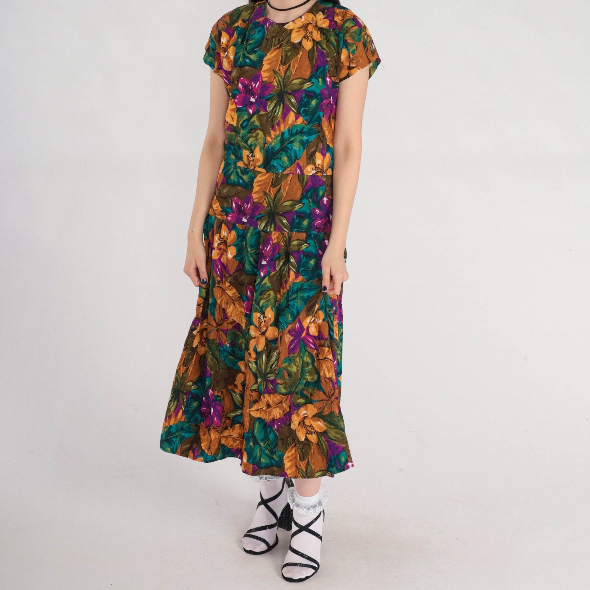 90s Tropical Floral Midi Dress Keyhole Back Short Sleeve Purple Green Yellow Medium 8