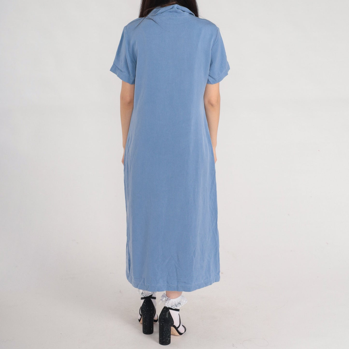 Y2K Talbots Blue Tencel Midi Shirt Dress Button-Up Pockets Medium 8
