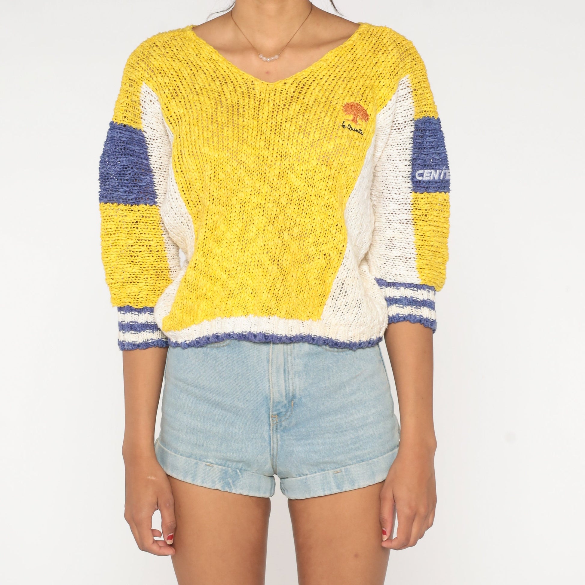80s La Quinta Color Block Sweater Yellow Purple Cropped Knit Medium