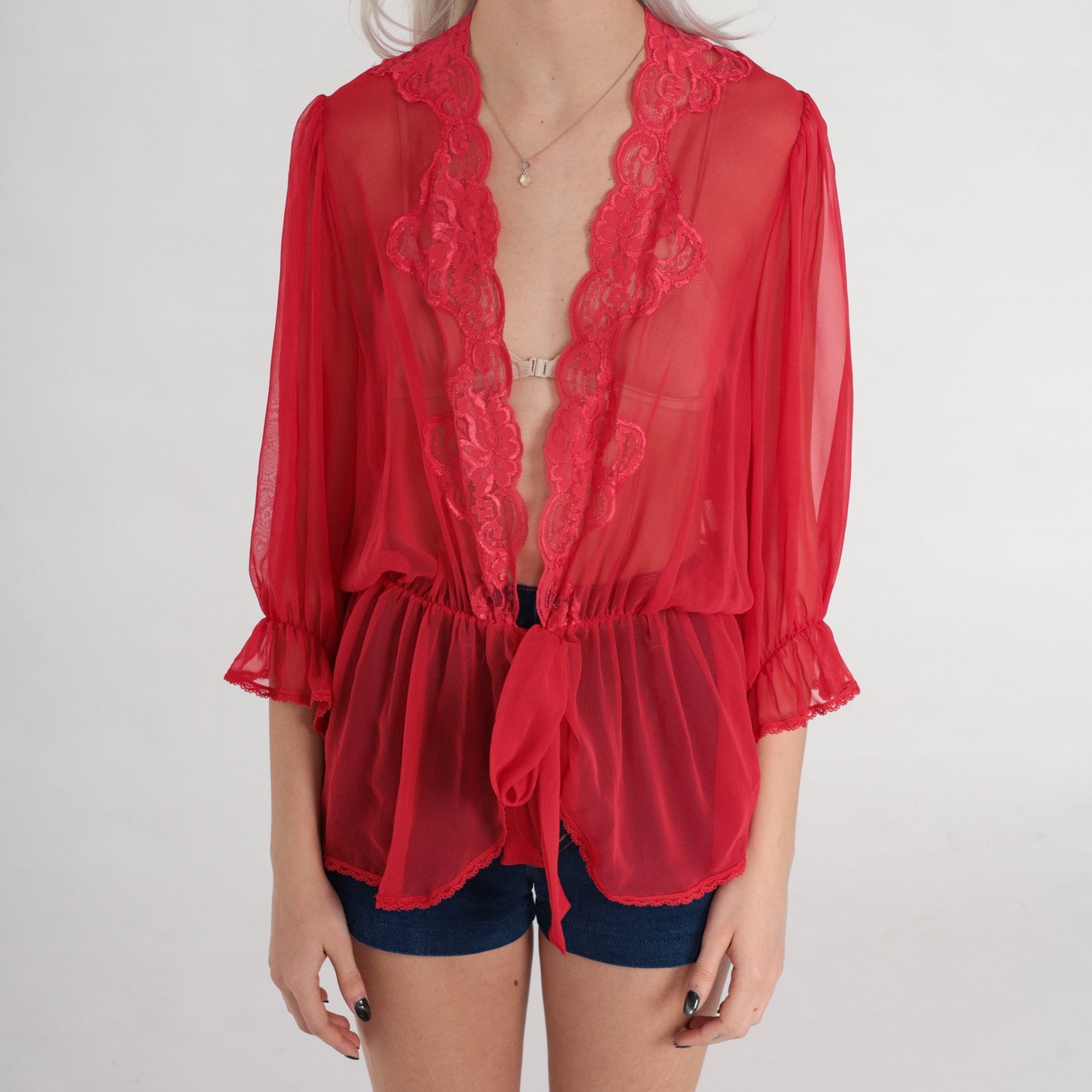 70s Red Sheer Bed Jacket Lace Trim Tie Front 3/4 Sleeve Small