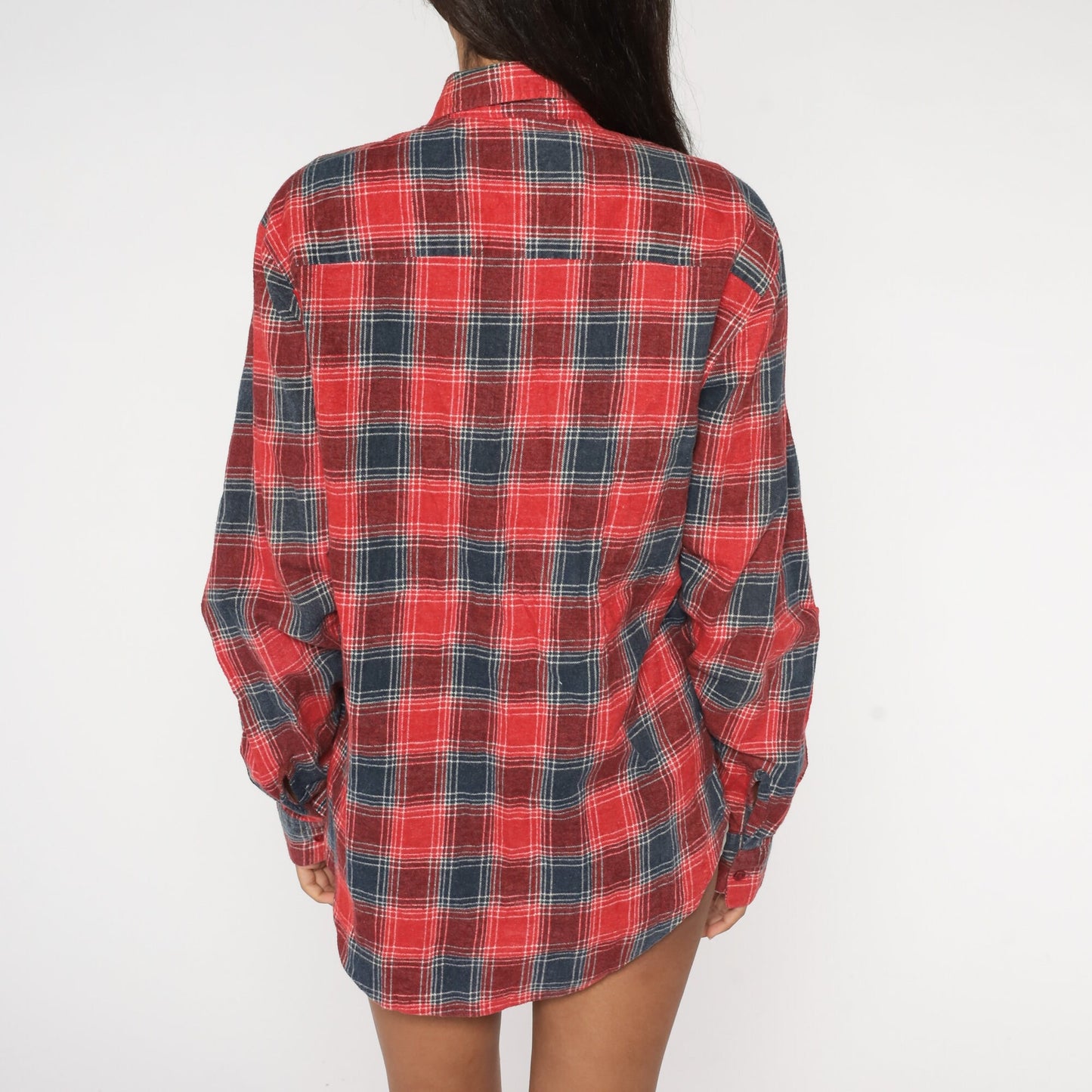 90s Red Blue Plaid Flannel Shirt Cotton Long Sleeve Button Up Large