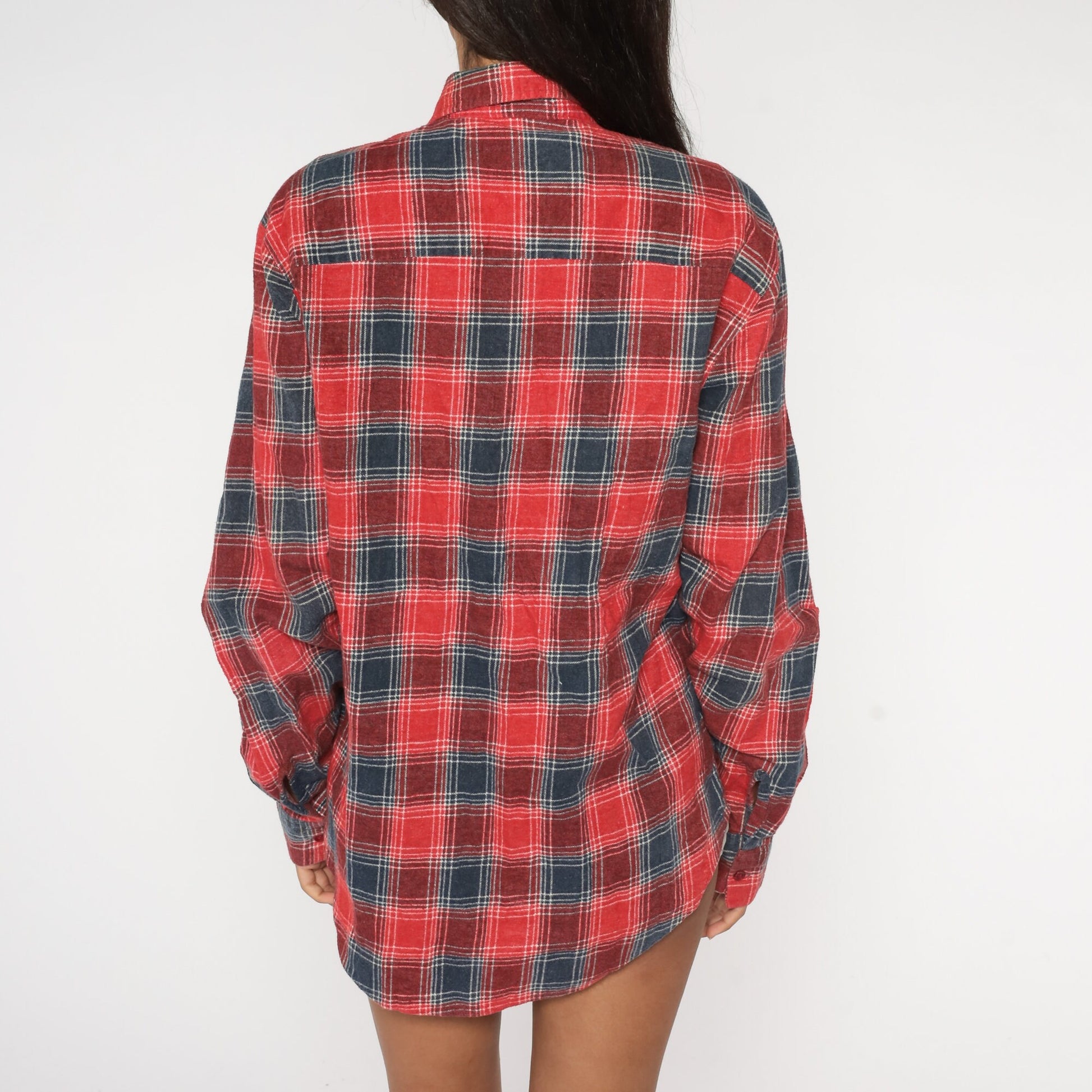 90s Red Blue Plaid Flannel Shirt Cotton Long Sleeve Button Up Large