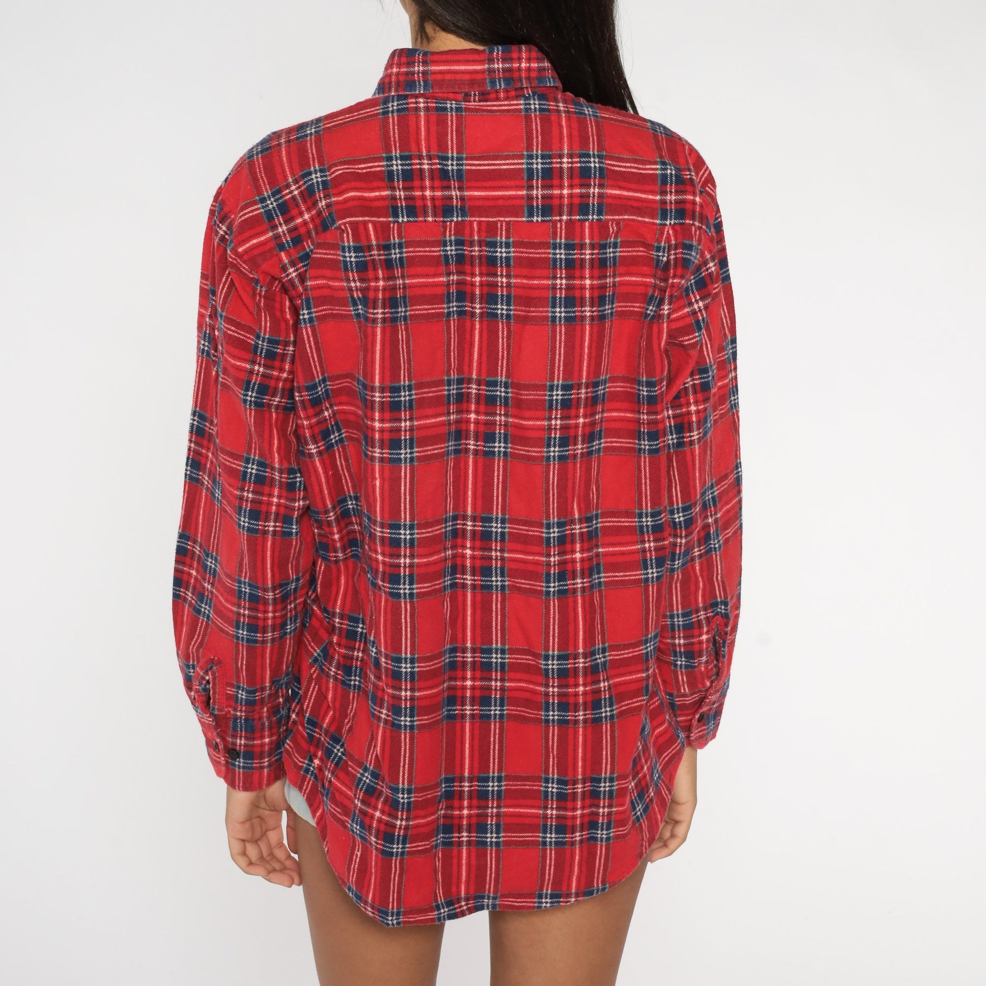 90s Red Navy Plaid Flannel Shirt Cotton Button Up Large