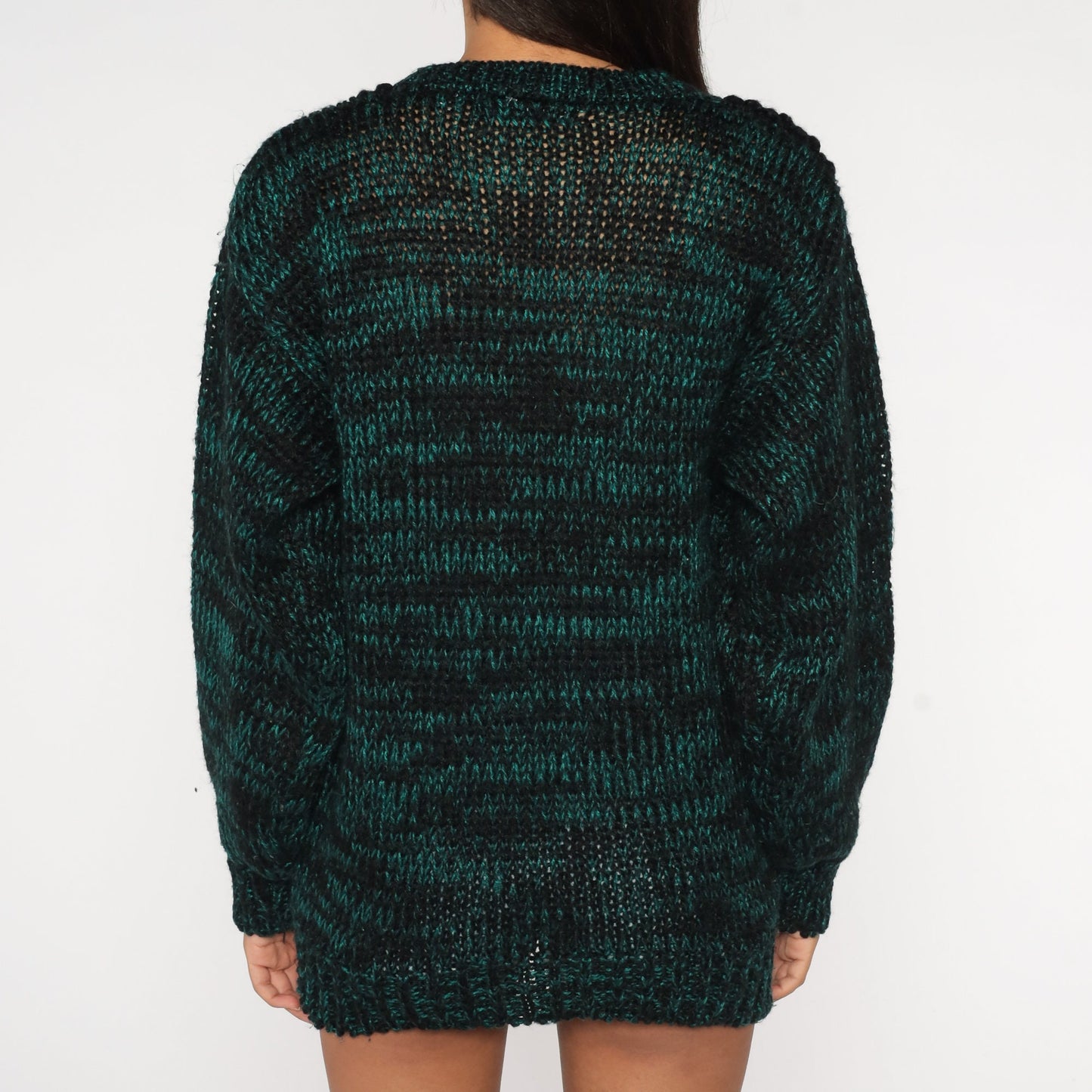 80s Zig Zag Striped Knit Sweater Black Green Space Dye Crewneck Medium