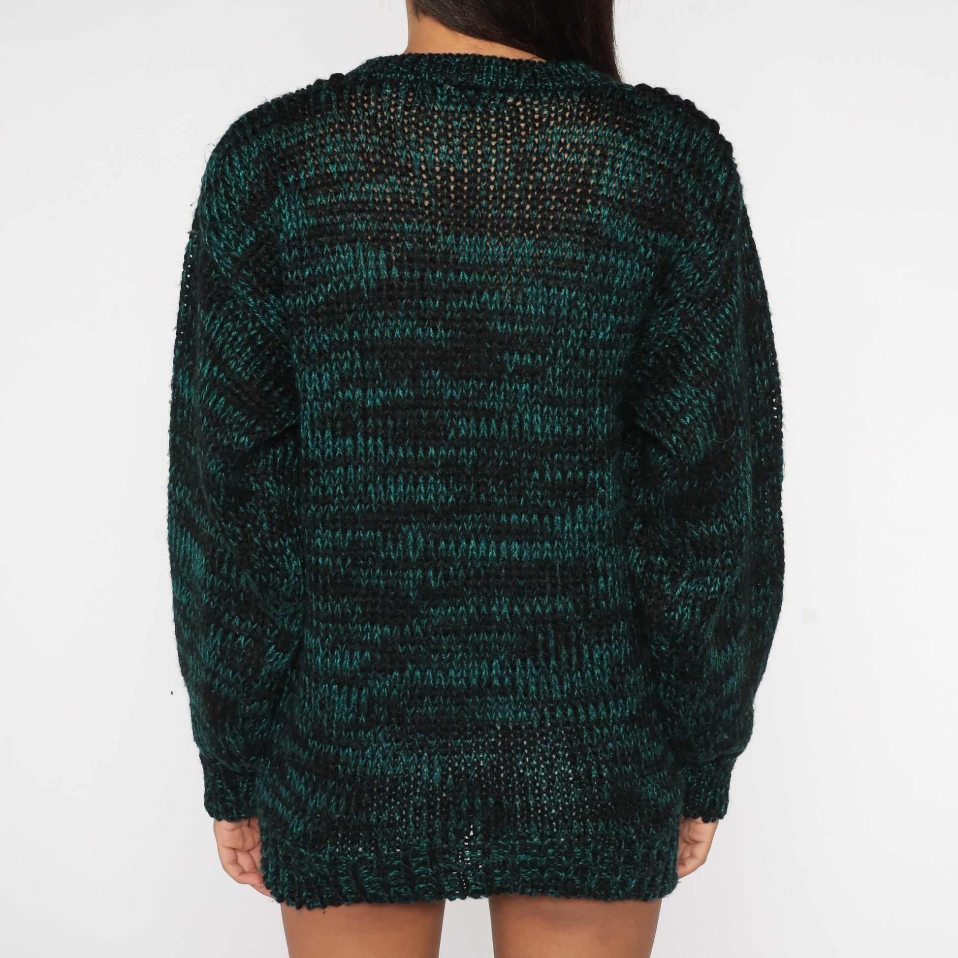 80s Zig Zag Striped Knit Sweater Black Green Space Dye Crewneck Medium