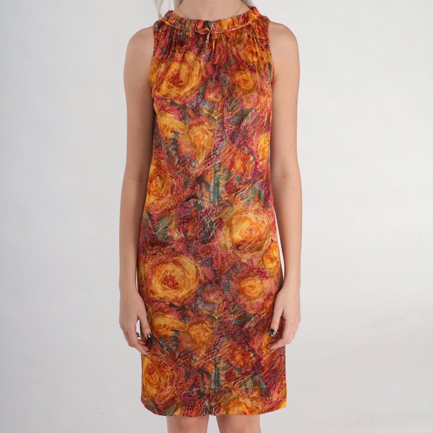60s Mod Mini Shift Dress Watercolor Floral Print Orange High Neck Small