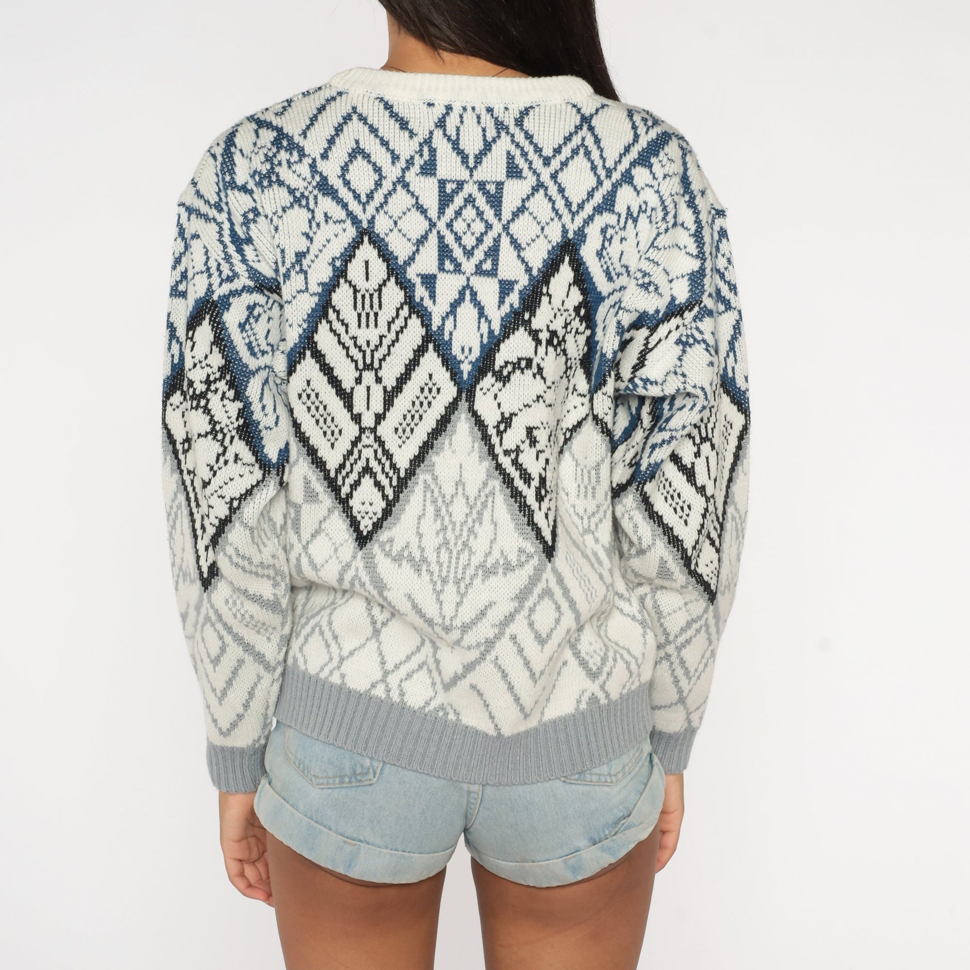 90s Geometric Abstract Jacquard Knit Sweater White Crewneck Small