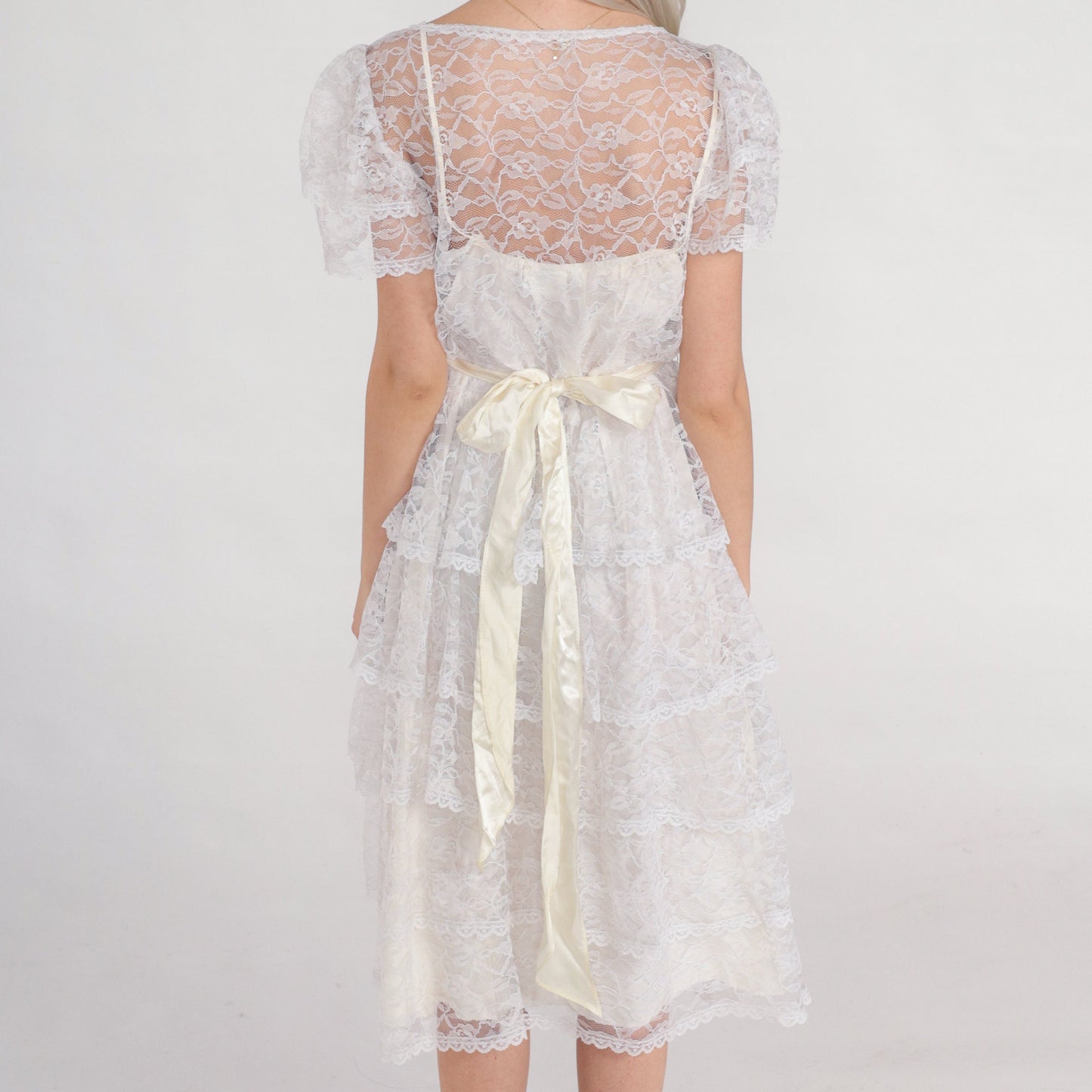 80s White Lace Midi Dress Floral Illusion Neckline Puff Sleeve Tiered Small