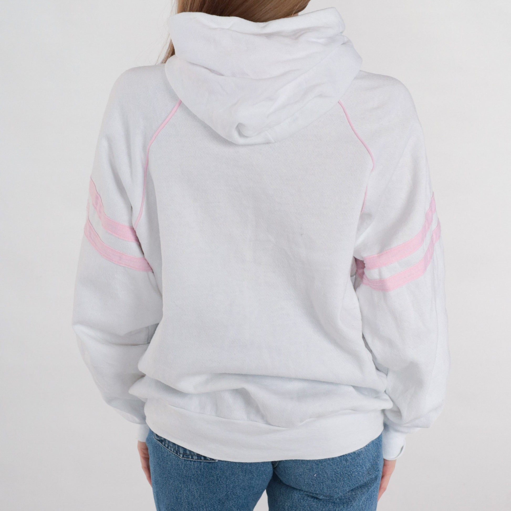 90s Kitten Graphic Hooded Sweatshirt White Pink Stripe Raglan Large L