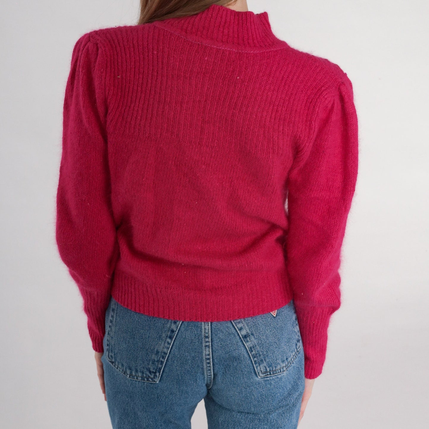 80s Deep Pink Mock Neck Puff Sleeve Knit Sweater Button Detail Medium M