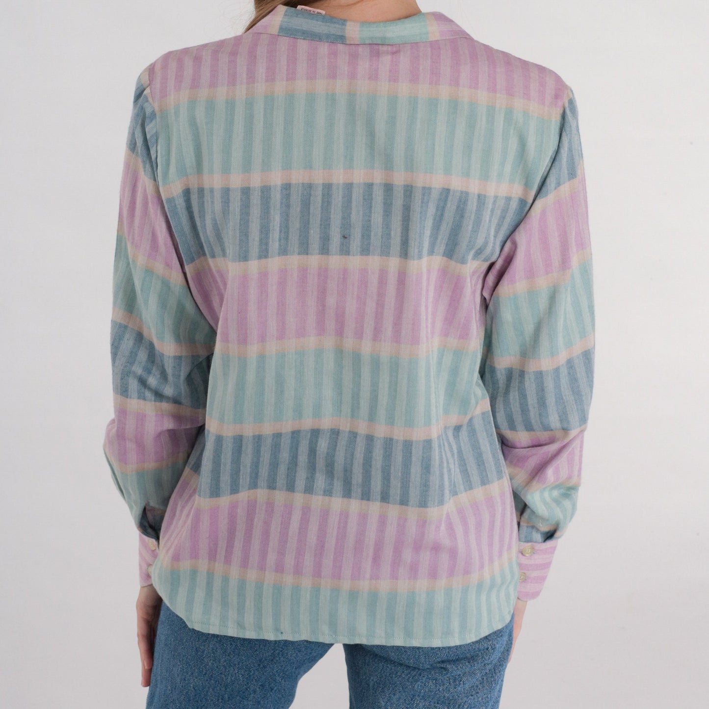 90s Striped Button-Up Blouse Multicolor Long Sleeve Collared Shirt Small