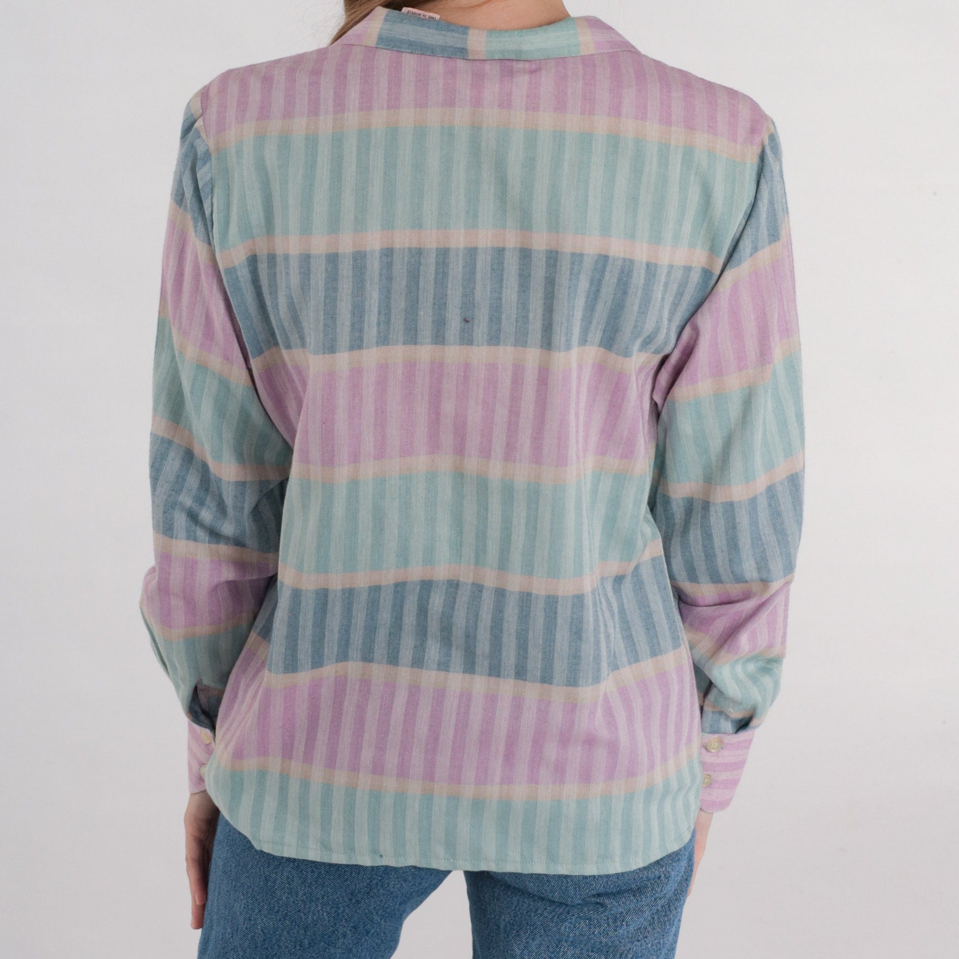 90s Striped Button-Up Blouse Multicolor Long Sleeve Collared Shirt Small