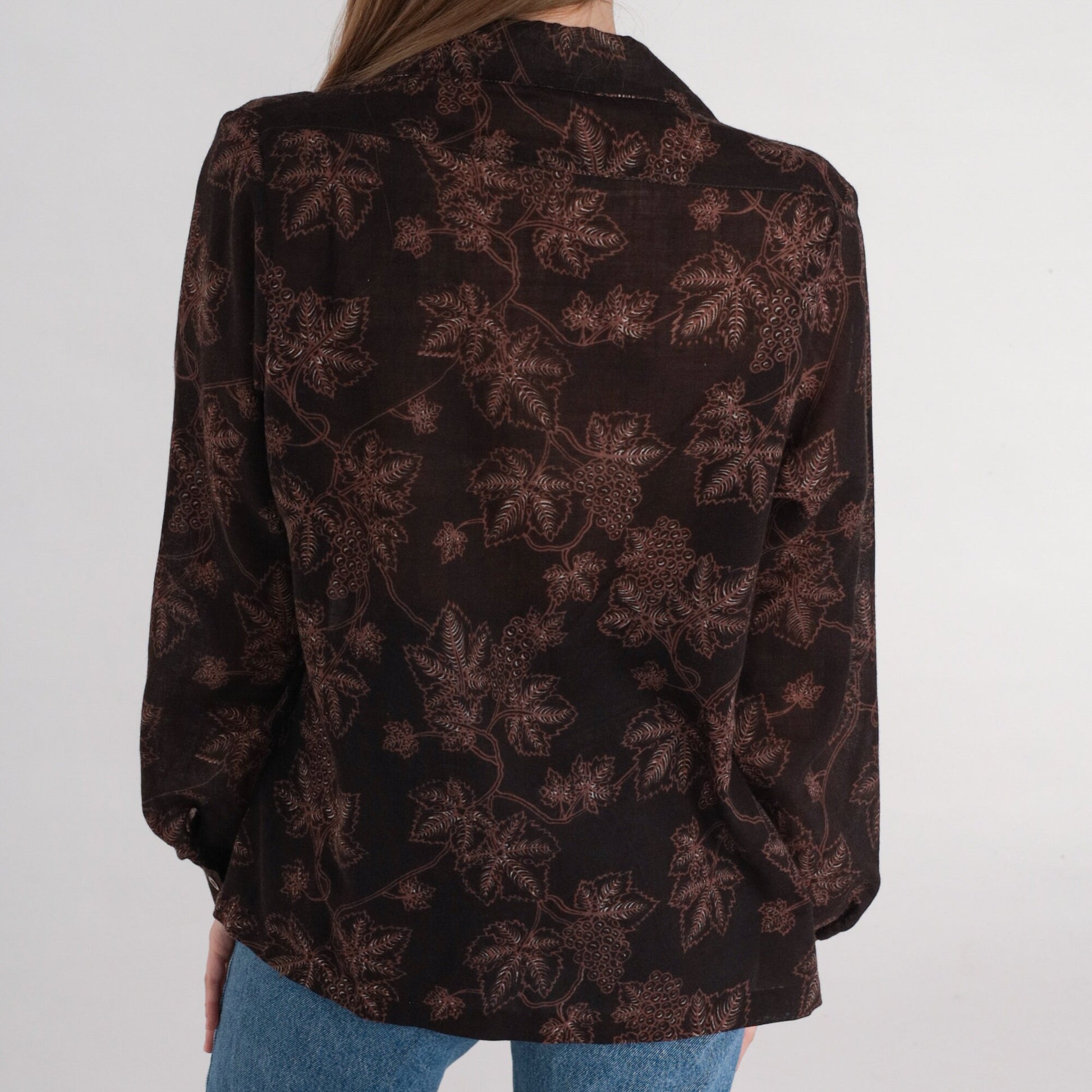 80s Grapevine Blouse Brown Button Up Shirt Grape Leaf Print Medium M