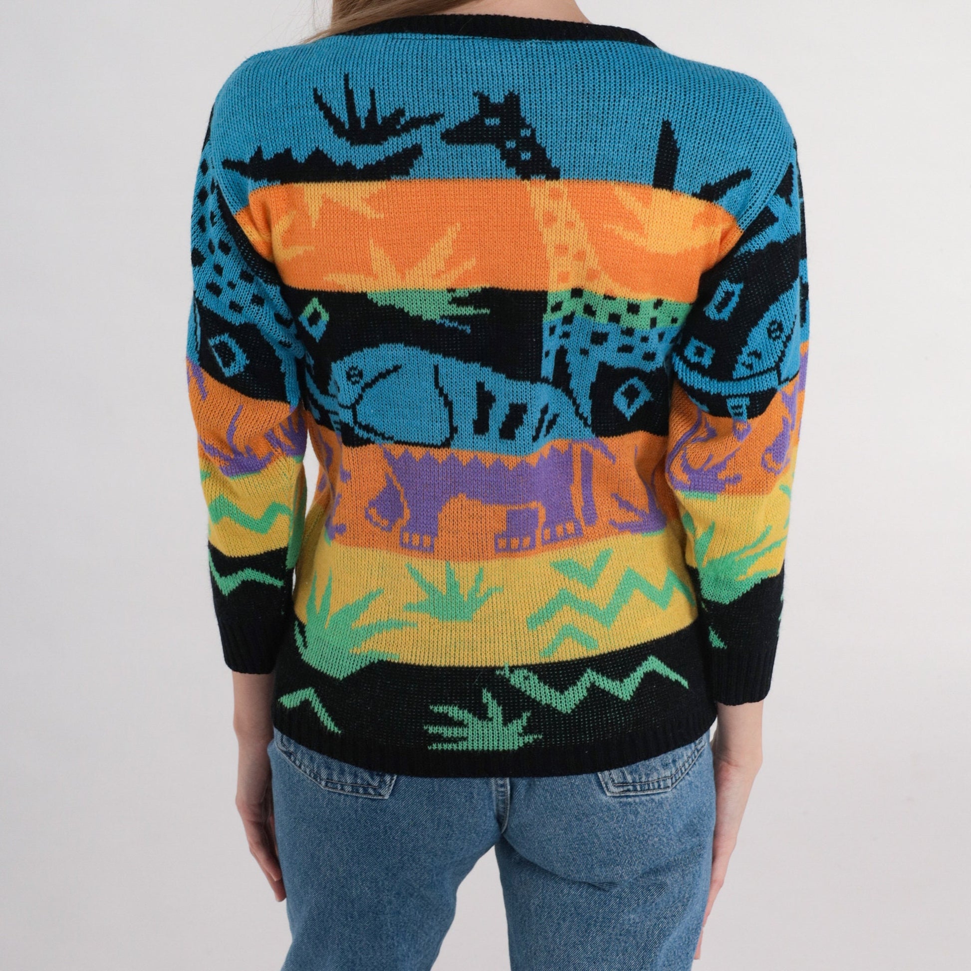 90s Safari Animal Striped Knit Sweater Elephant Giraffe Snake Multicolor XS