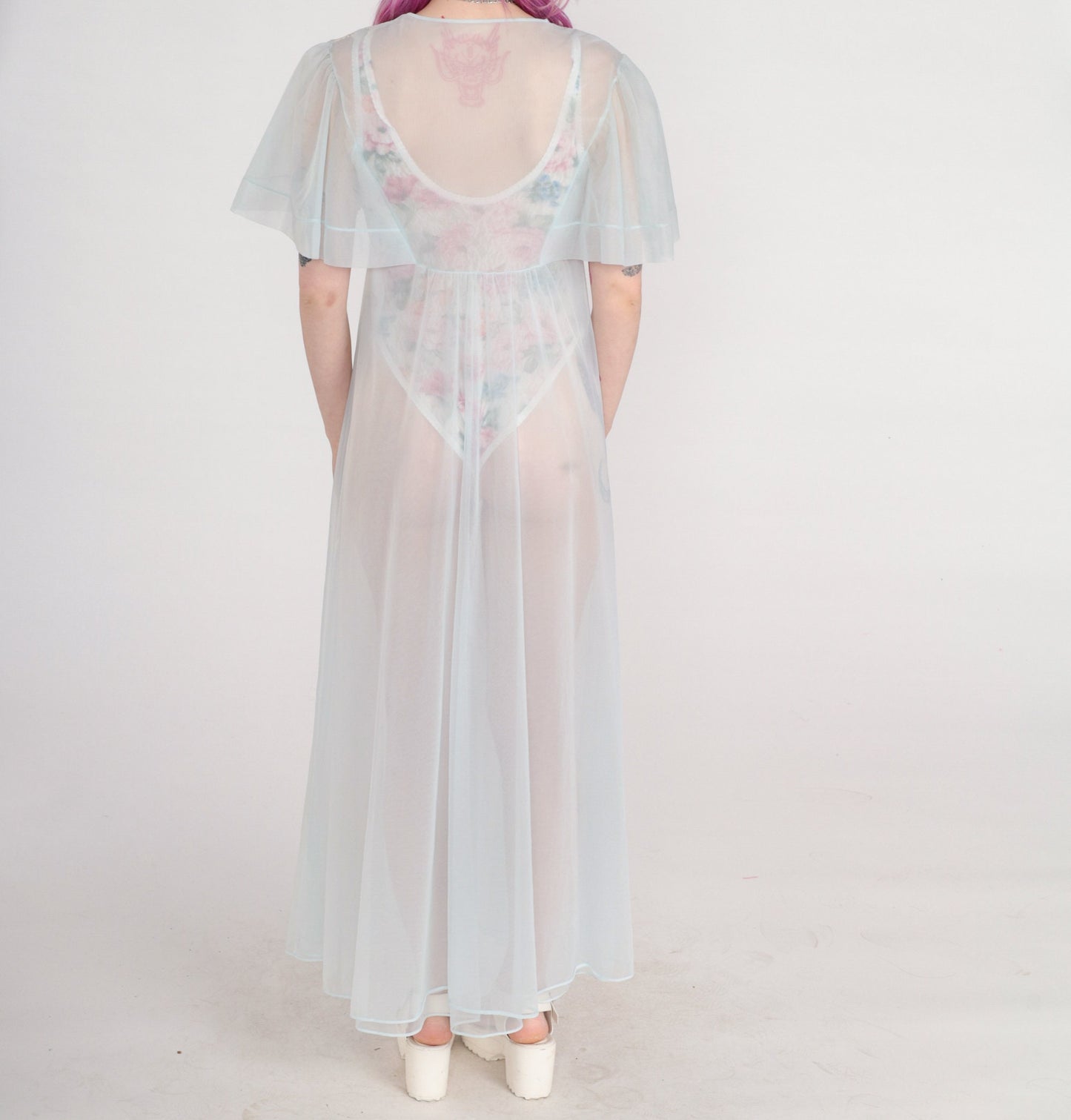 70s Sheer Baby Blue Nylon Lingerie Robe Maxi Lace Trim Empire Waist Small