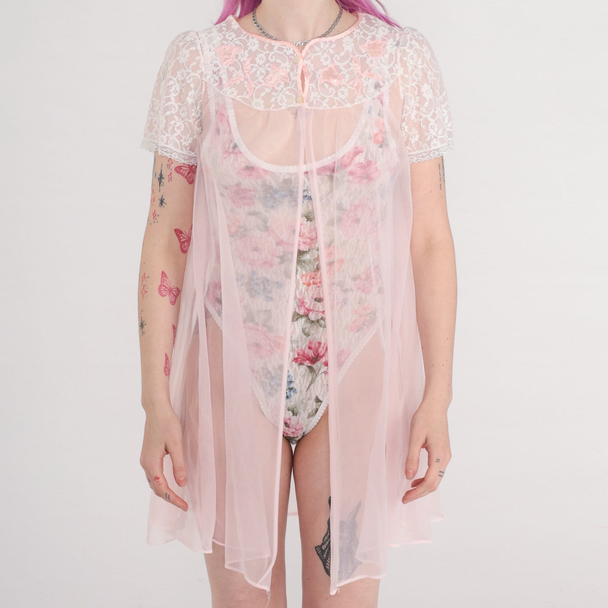 70s Baby Pink Sheer Nylon Lingerie Robe Lace Puff Sleeve Small