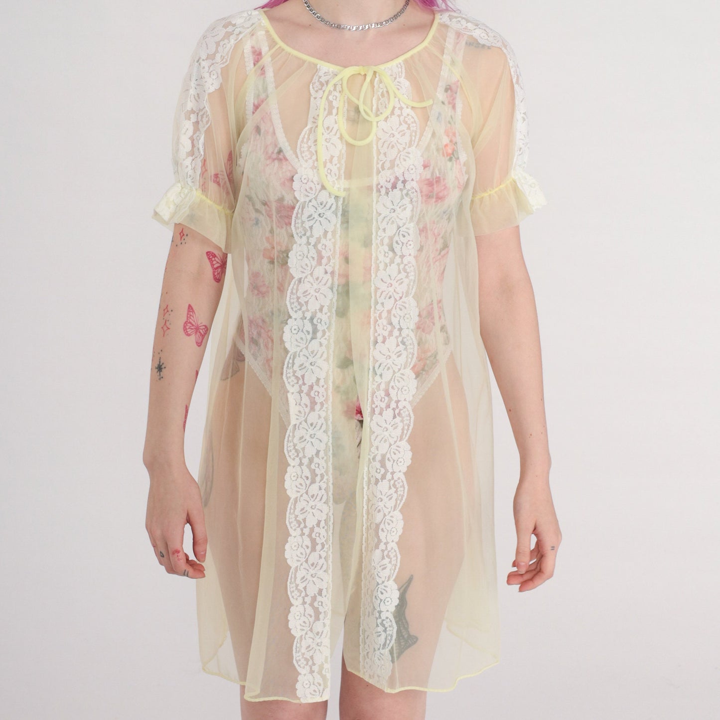 70s Yellow Sheer Nylon Lace Lingerie Robe Kimono Small
