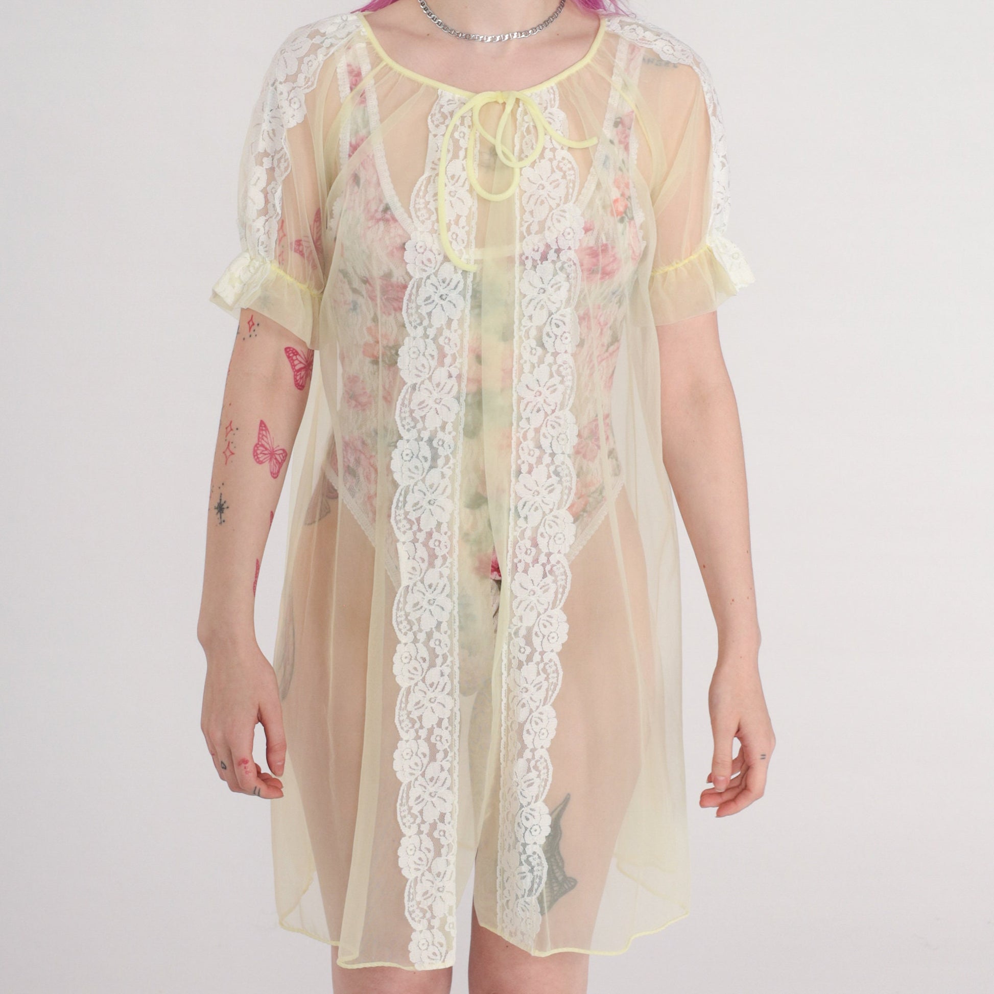 70s Yellow Sheer Nylon Lace Lingerie Robe Kimono Small