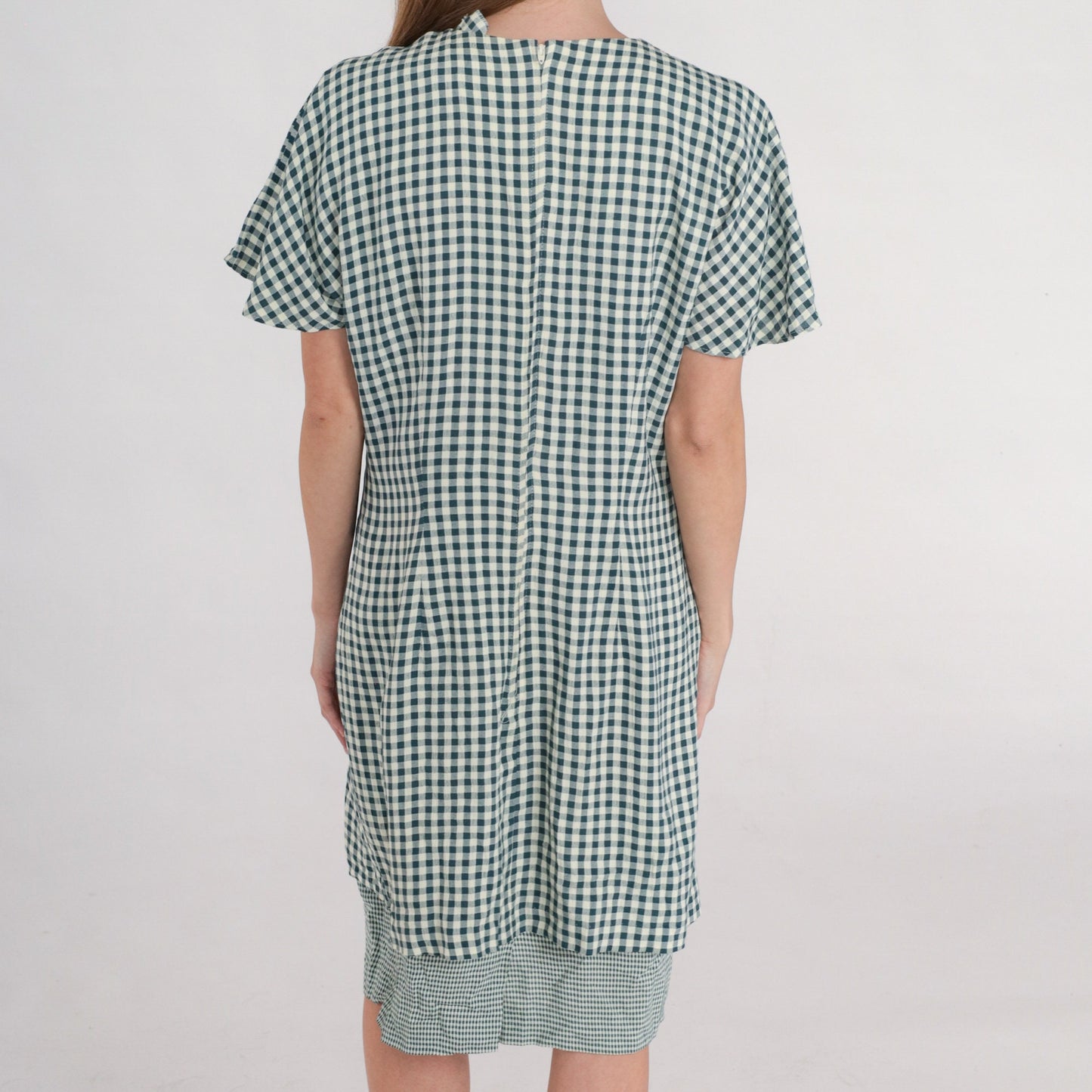 90s Teal White Gingham Mini Shift Dress Button-Up Short Sleeve Medium