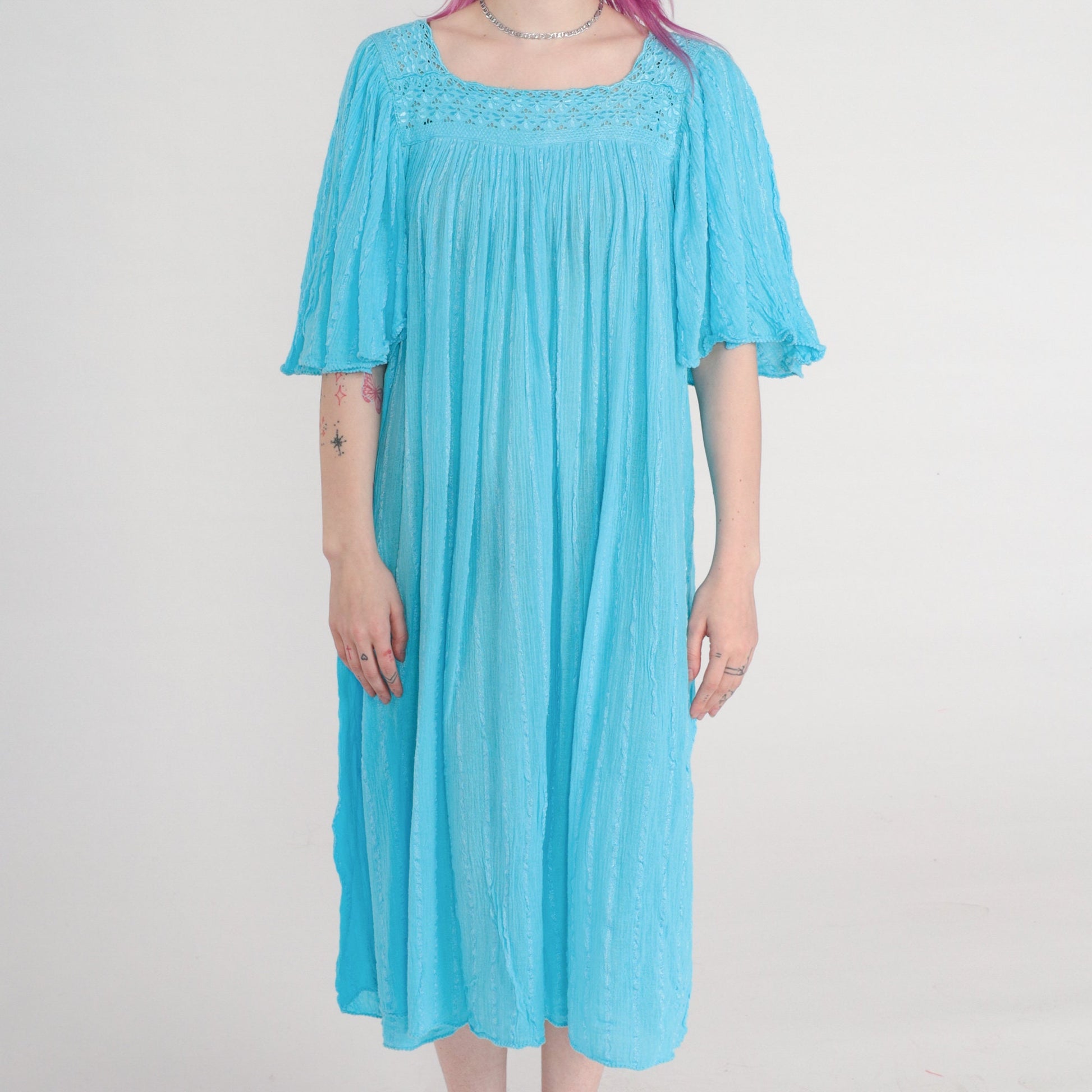 80s Blue Cotton Gauze Midi Dress Embroidered Cutout Flutter Sleeve Medium Large